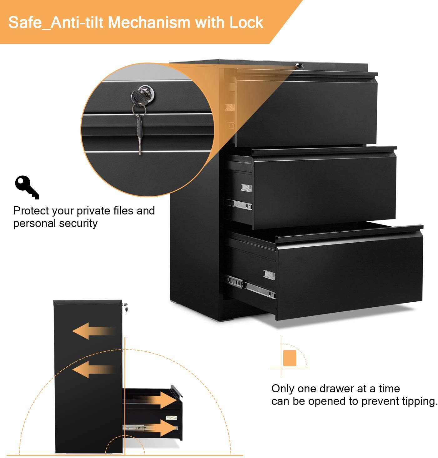 AOBABO 3 Drawer Lateral File Cabinet,Metal Filing Storage Cabinet with Lock,Steel File Cabinets for Office and Home,Black,Assembly Required