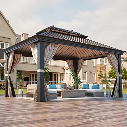 YOLENY 10' x 12' Hardtop Gazebo, Wood-Looking Gazebo with Galvanized Steel Double Roof, Aluminum Frame, Permanent Metal Pavilion with Netting and Curtains for Deck, Backyard, Patio and Lawns