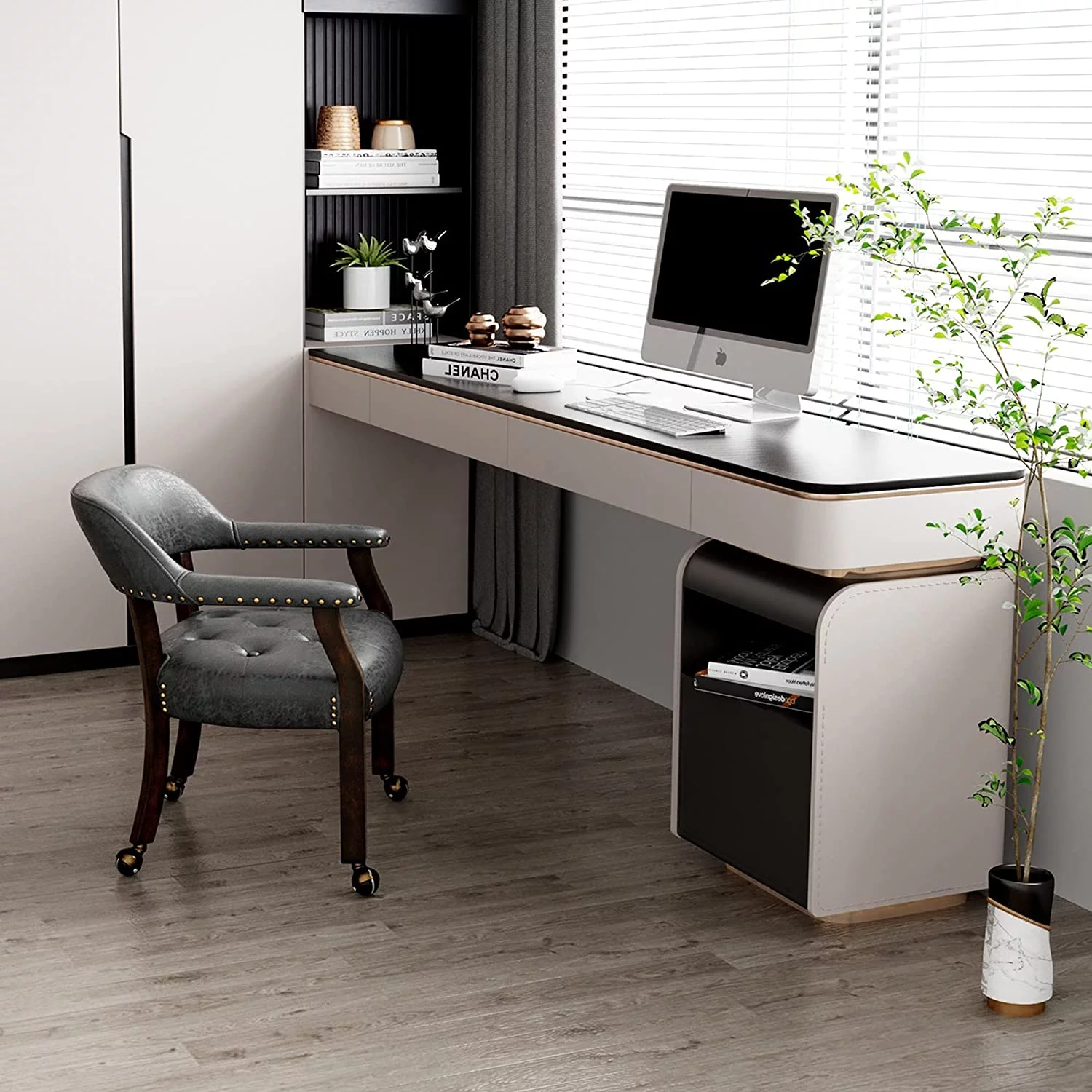Big Dining Roller Chair with Arms, Solid Wood Office Table Side Chairs with Wheels, Boss Captains Rolling Chair, 26“Dx25.2 Wx31.5“H, Espresso&Grey Fabric, 318GY - Curated Treasures Market