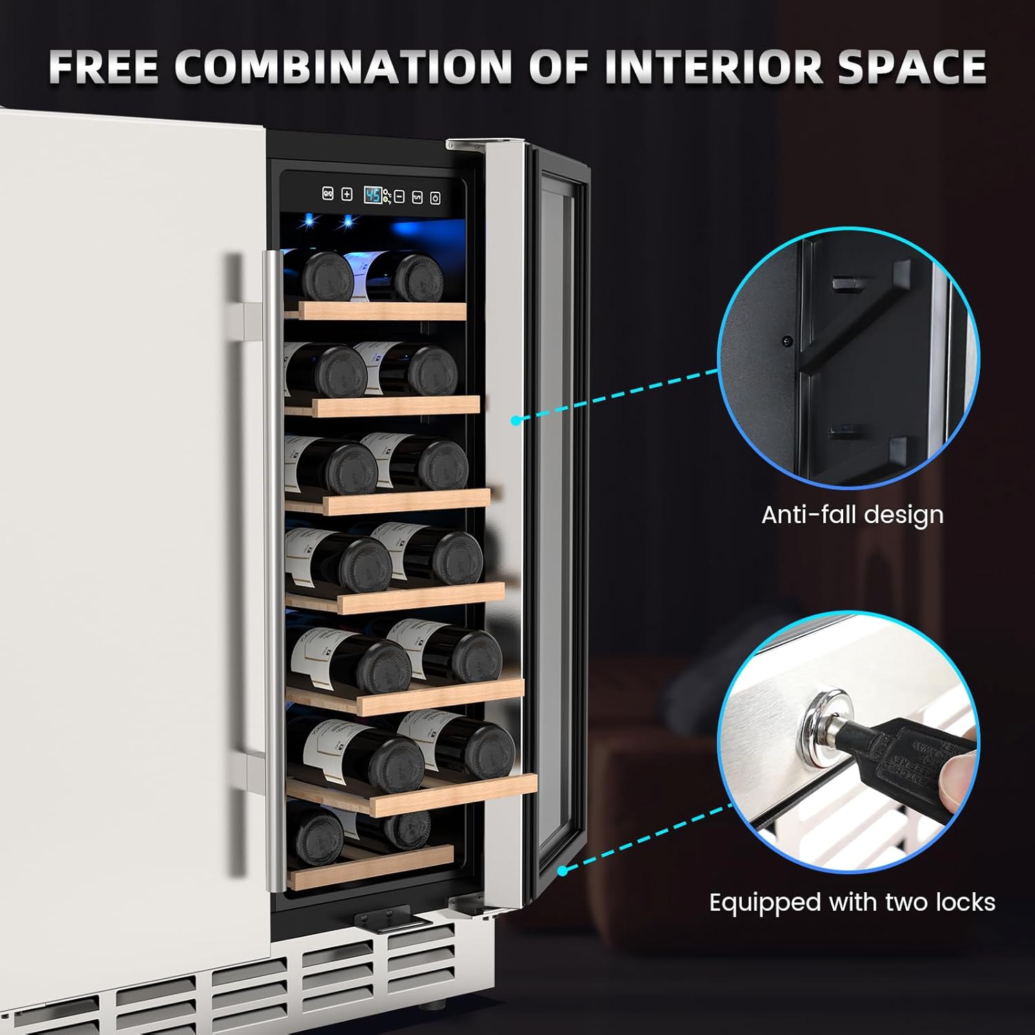 Wine and Beverage Refrigerator, 24 Inch Dual Zone Wine Fridge with Safety Locks, Under Counter Wine Cooler Beer Fridge Built-In or Freestanding, Holds 20 Bottles and 57 Cans