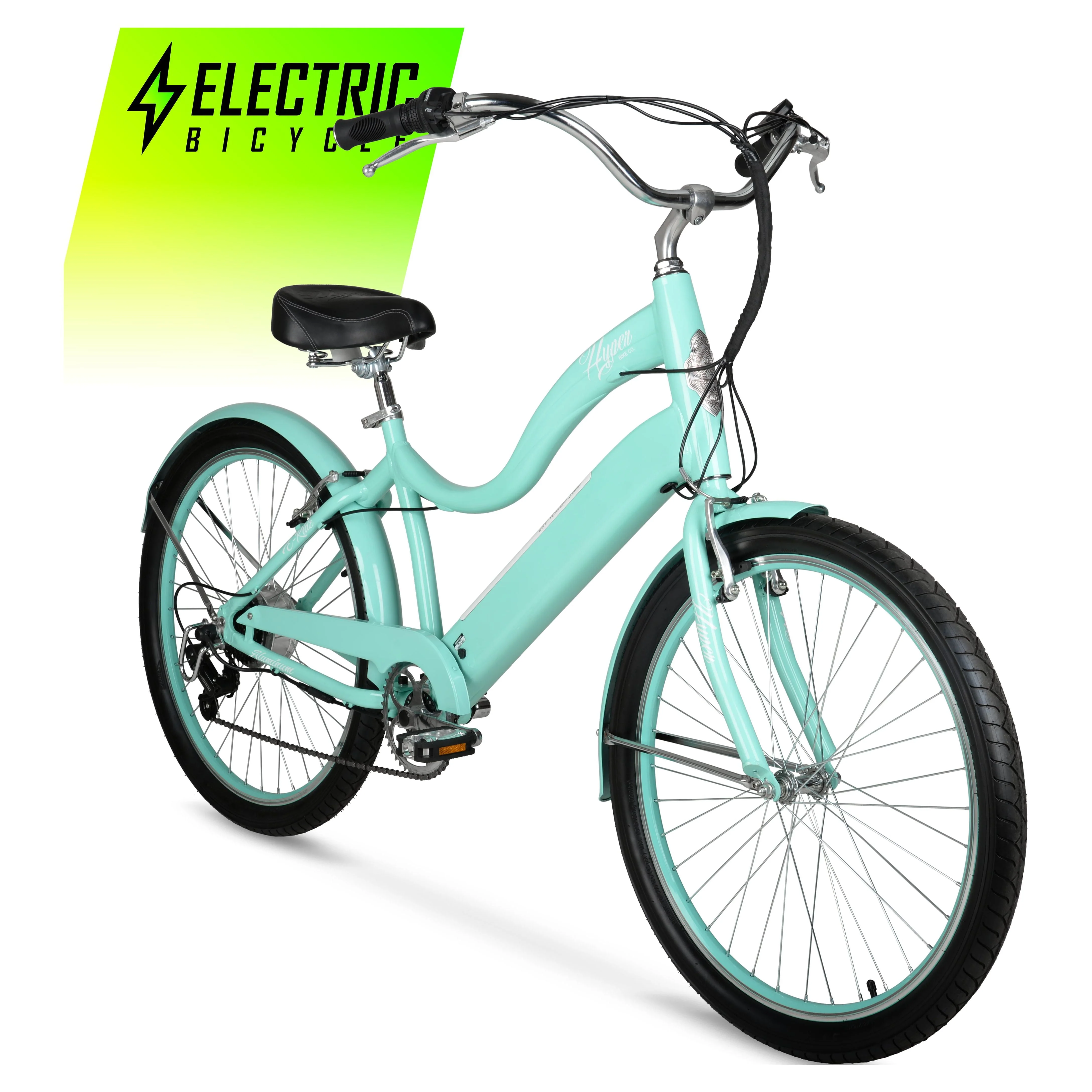 Hyper Bicycles E-Ride 26 Ladies 36V Electric Cruiser E-Bike for Adults, Pedal-Assist, 250W Motor, Turquoise