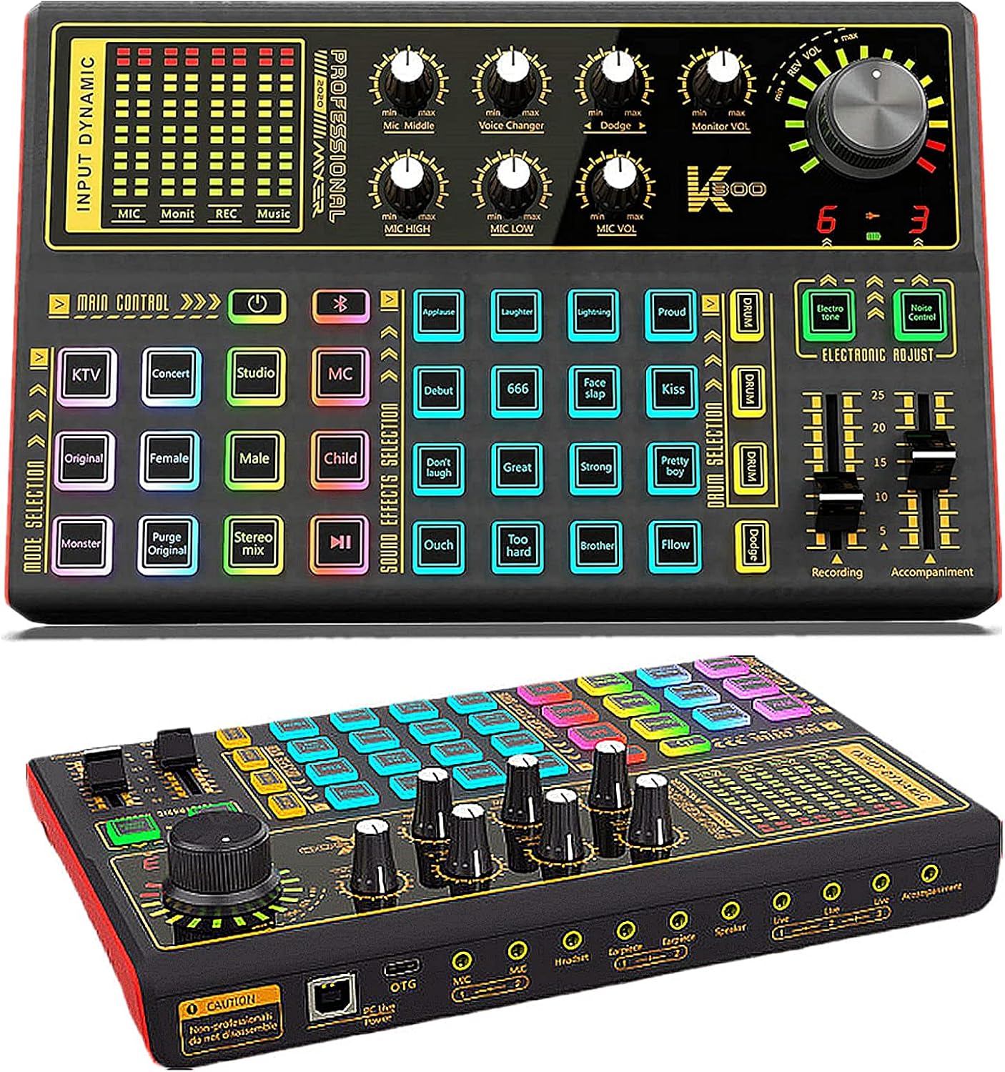 Professional Audio Mixer, K300 Live Sound Card and Audio Interface Sound Board with Multiple DJ Mixer Effects,Voice Changer and LED Light, Prefect for Streaming/Podcasting/Gaming/Recording/YouTube/PC Pack of 2