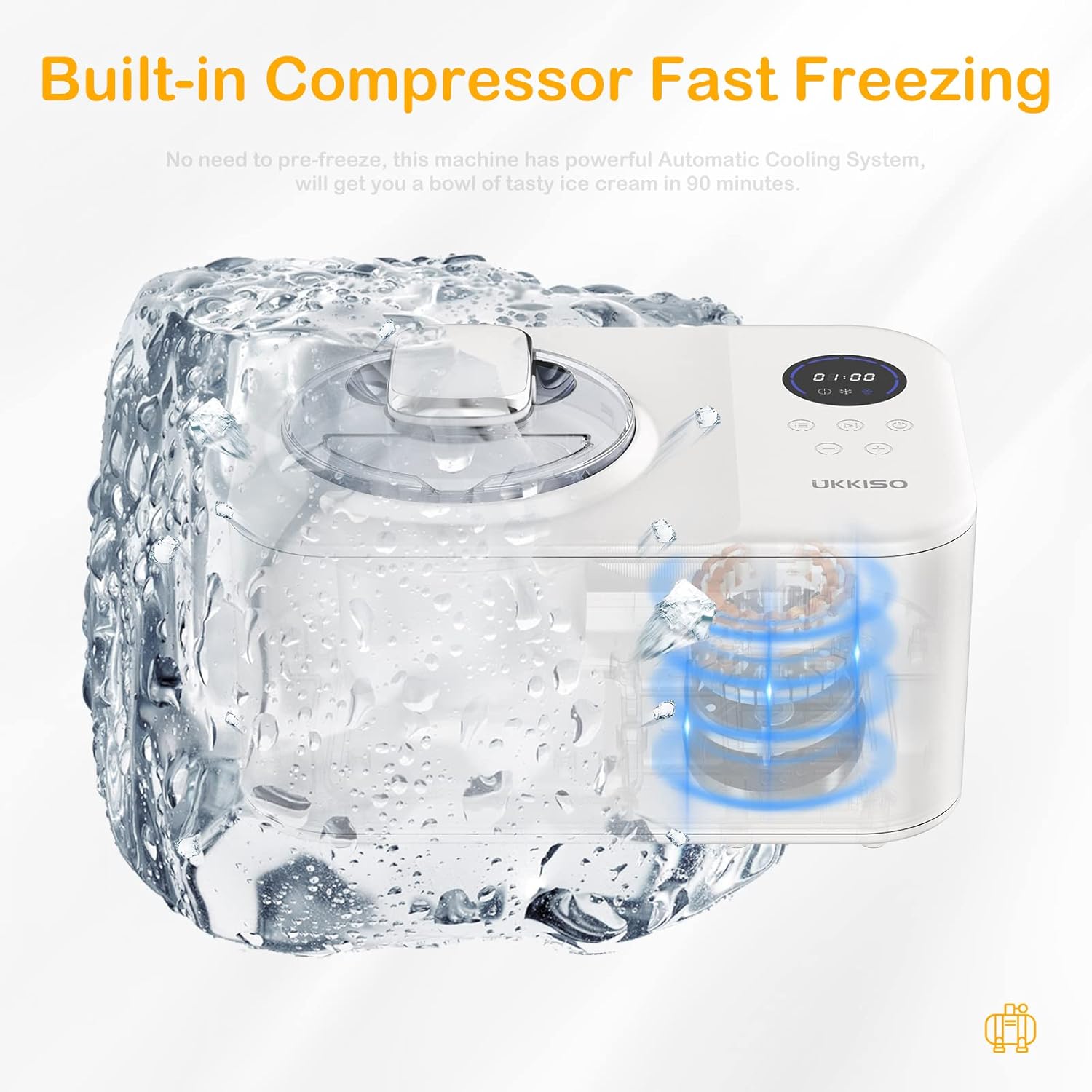 Ice Cream Maker, UKKISO 1.2 Quart Automatic Electronic Gelato Maker With LCD Display, Built-In Compressor, Portable Homemade Dessert Maker with Spoon, Ice Cream Machine for Home, Dorm (White)