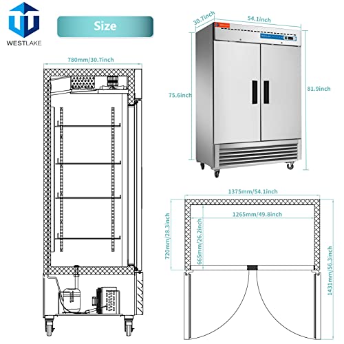WESTLAKE Commercial Refrigerator 2 door 2 Section Stainless Steel Reach in Solid Door Upright Fan Cooling Cooler