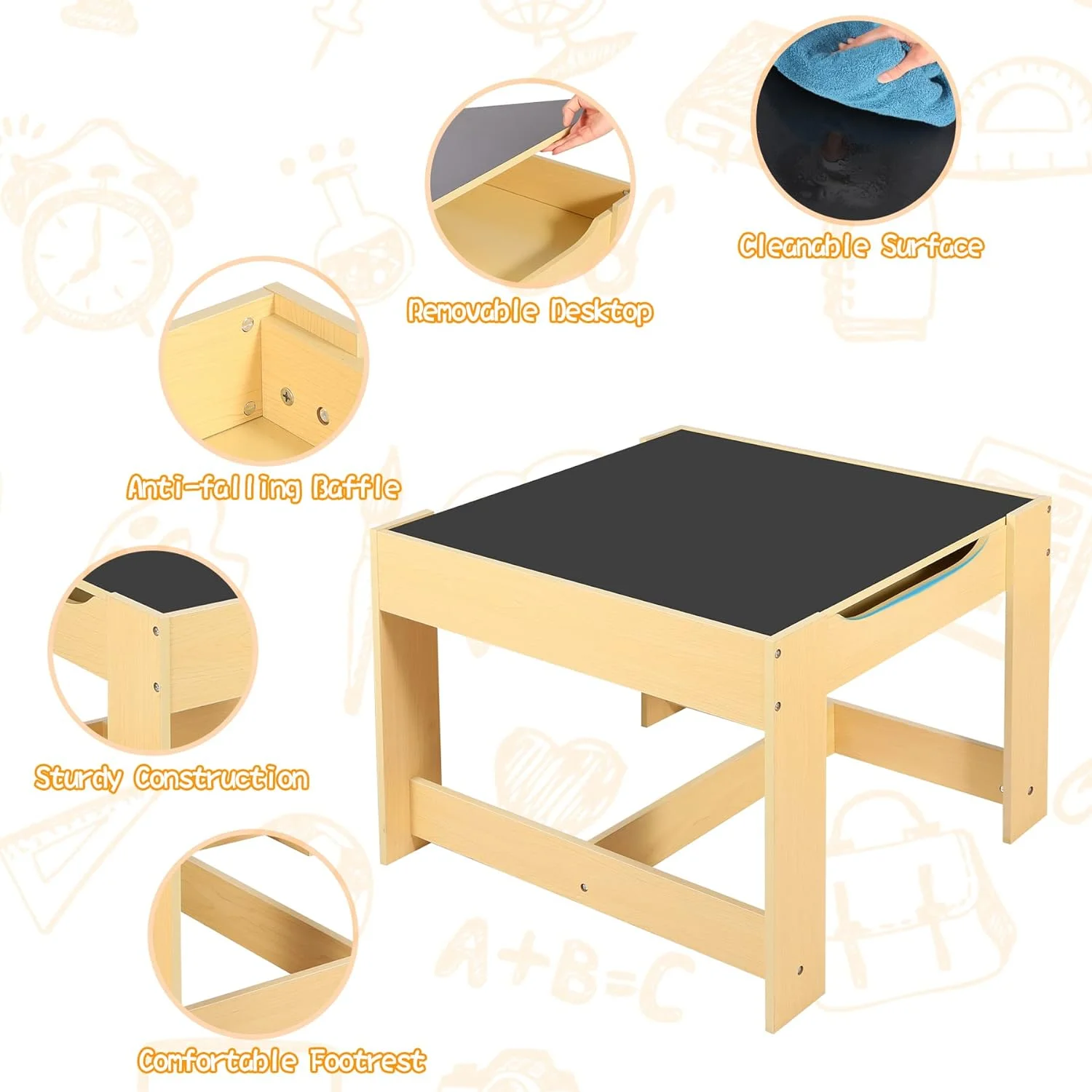 REDCAMP Kids Table and Chair Set, Wooden Activity Table with 2 Chairs,Storage Drawers,Activity Art Table for Toddler Drawing, Reading, Crafts, Play,（Natural）