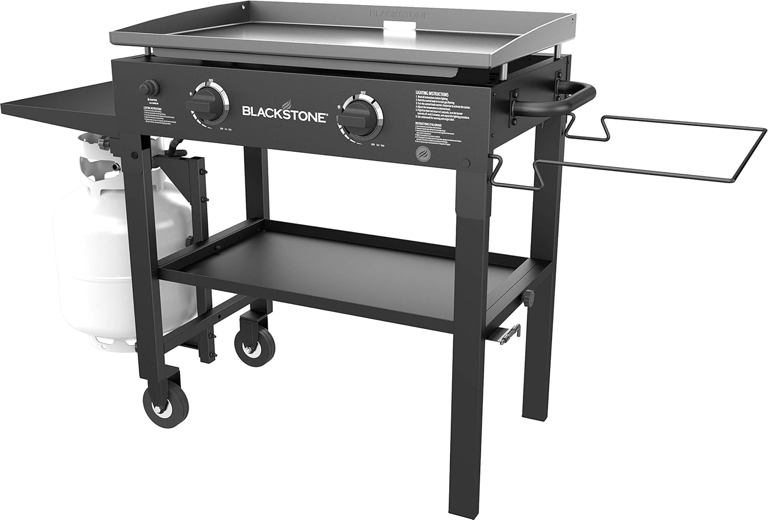Blackstone 1853 Flat Top Gas Grill 2 Burner Propane Fuelled Rear Grease Management System 28&rdquo; Outdoor Griddle Station for Camping with Built in Cutting Board and Garbage Holder, 28 Inch, Black