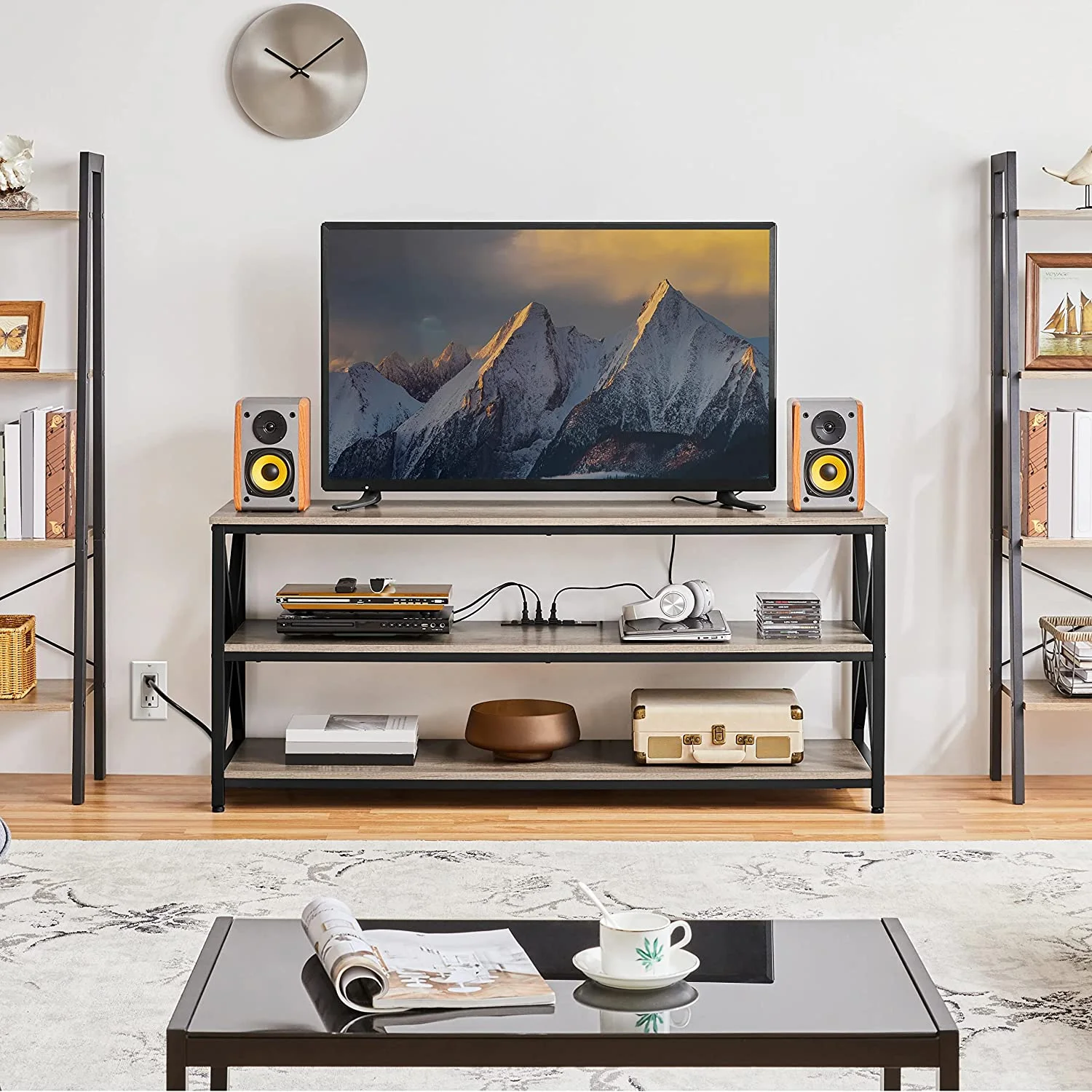 TV Stand for TV up to 65 inch, Industrial TV Cabinet with Power Outlets for Living Room, Media Entertainment Center TV Console with 3 Tier Storage Shelves & Charging Station, Rustic Brown