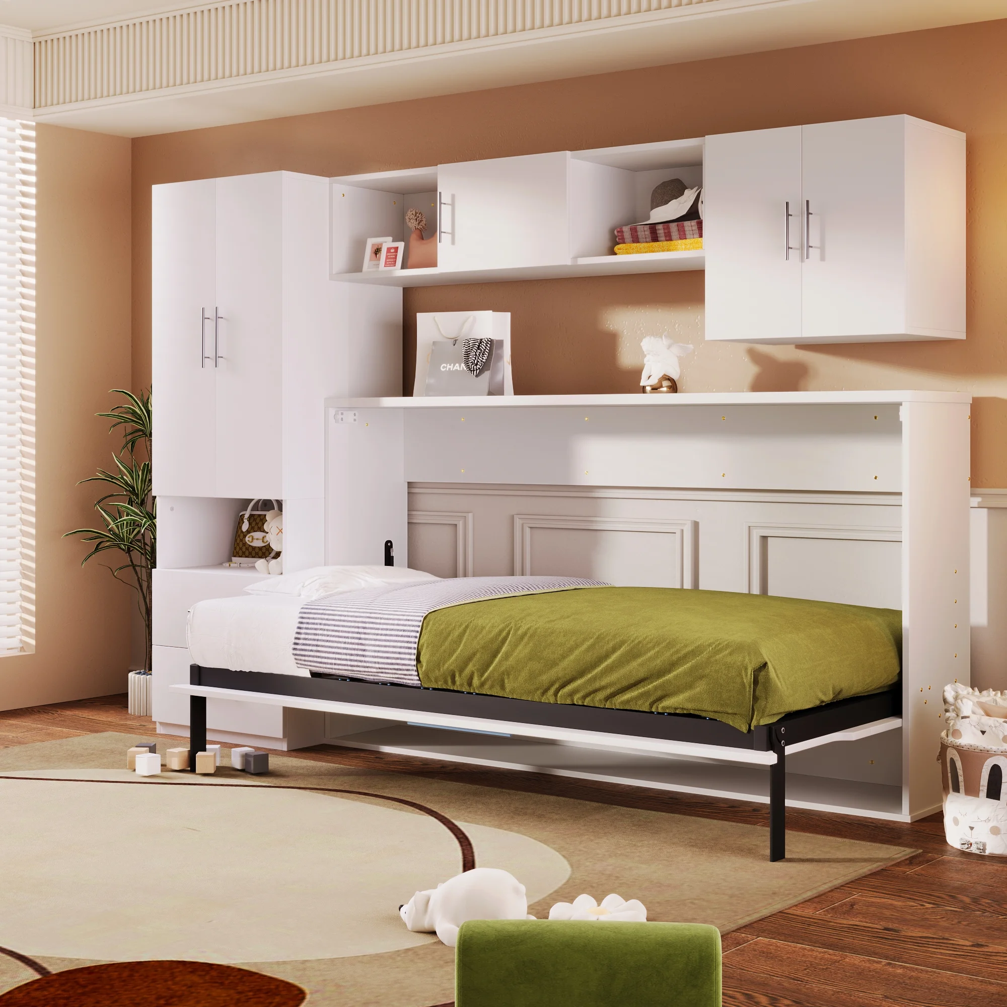 Euroco Twin Size Murphy Bed with Shelf and Drawer, Built-in Wardrobe and Desktop, Convertible into Cabinet for Living Room, Guests Room, Space-Saving Bedroom Furniture Sets