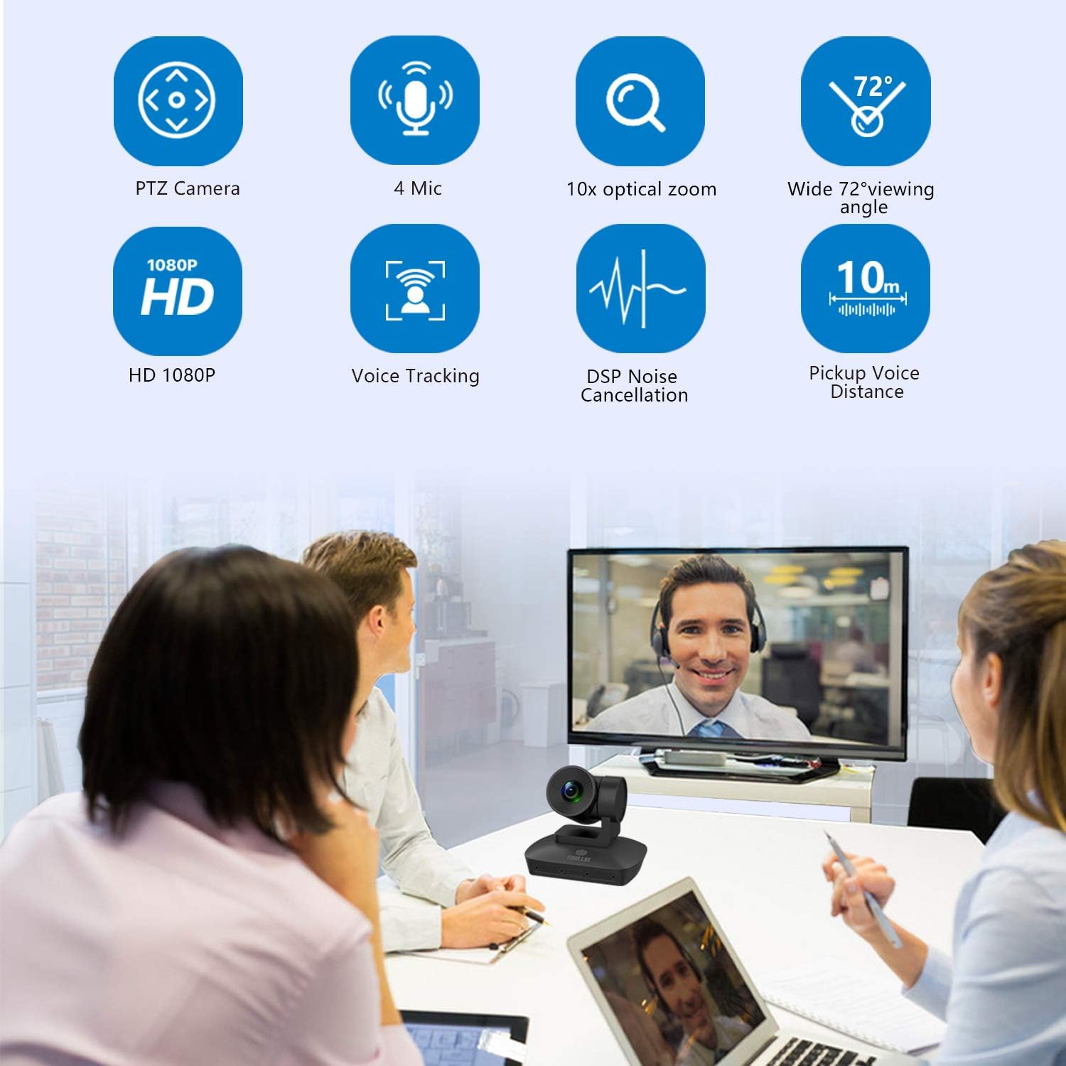 TOALLIN HD 1080P PTZ Conference Room Camera with 4 Microphones Array, 10X Optical Zoom Video Conference Camera, Automatically Voice Tracking, USB PTZ Webcam for Business Meeting