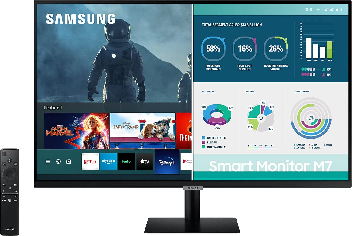 SAMSUNG 32-inch 4K UHD Smart Monitor with Adaptive Picture, Ultrawide Game View, Built-In Speakers, Remote, HDMI, USB-C, 2021 Model LS32AM702UNXZA, Black