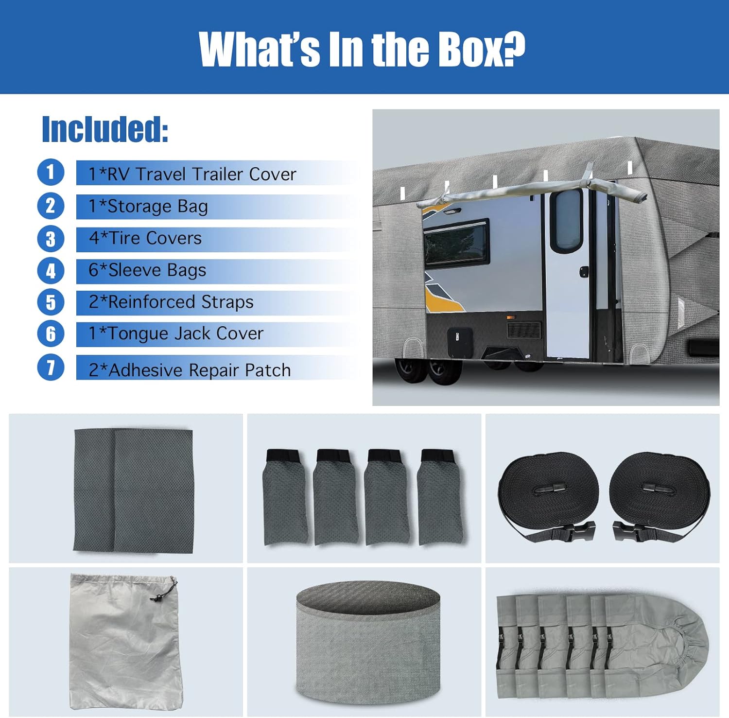 RV Cover, NUNFLOC Travel Trailer Cover 6 Layers Top Panel Upgraded Fabric, Windproof Camper Cover, RV Trailer, Anti-Scratch, UV Resistant Prevents Top Tearing Caused by Sun Exposure (27'1''-30')
