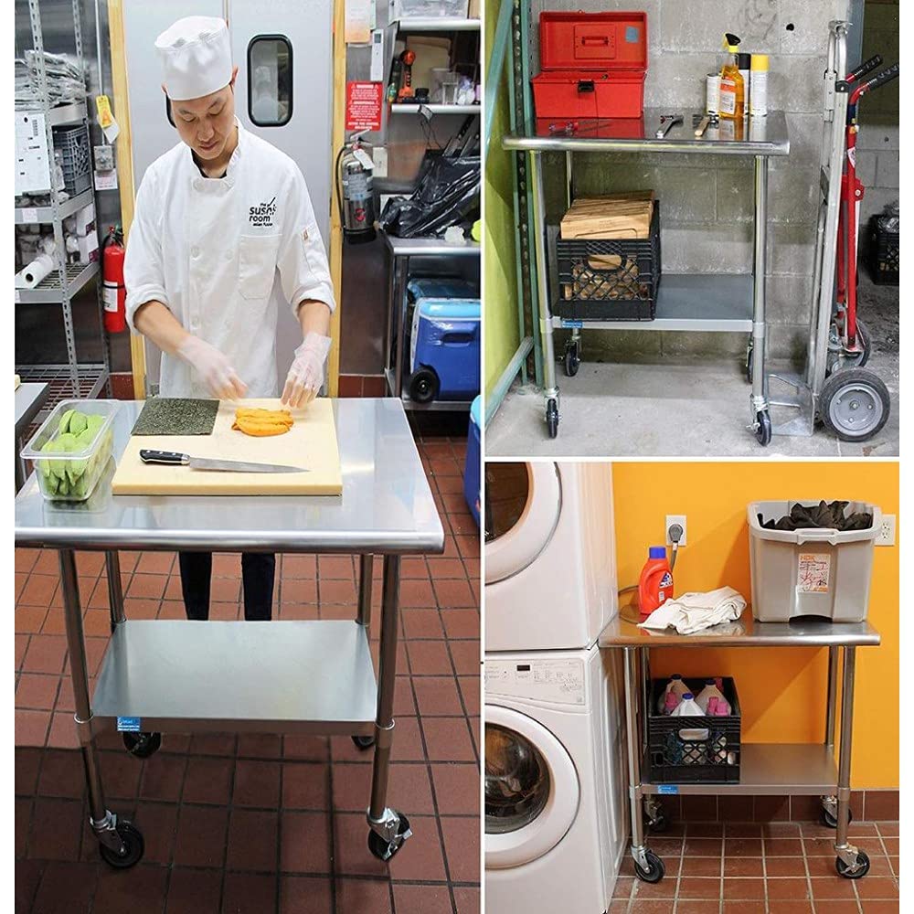 AmGood 18 x 48 Stainless Steel Work Table with Casters | Heavy Duty Metal Utility Table On Wheels | Kitchen Island Cart