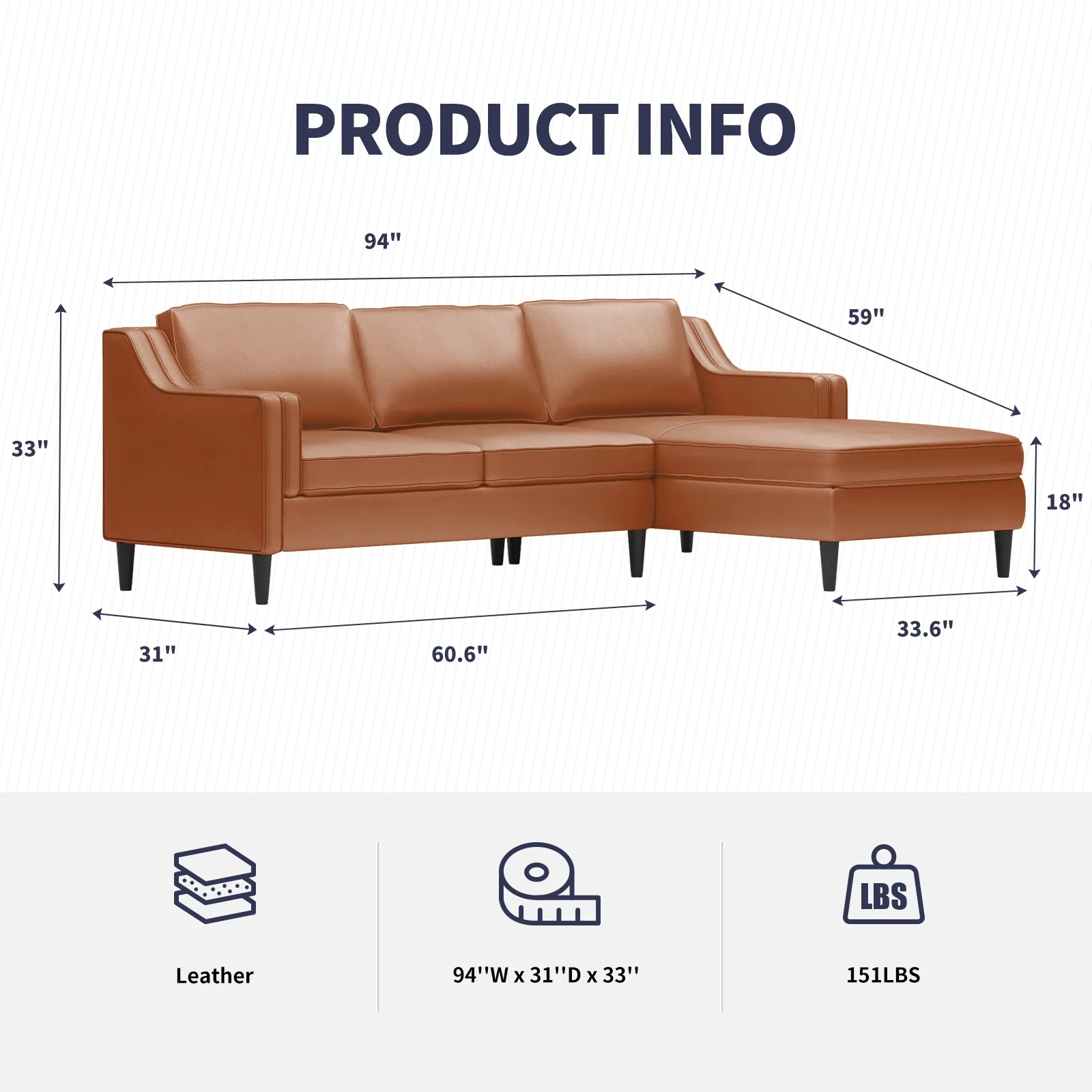 ijuicy Leather Sectional Sofa, Luxurious Leather Upholstered Couches with Right Facing Chaise, 3-Seater Sofa Set with Modular Chaise Lounge for Living Room Apartment Office - Cognac