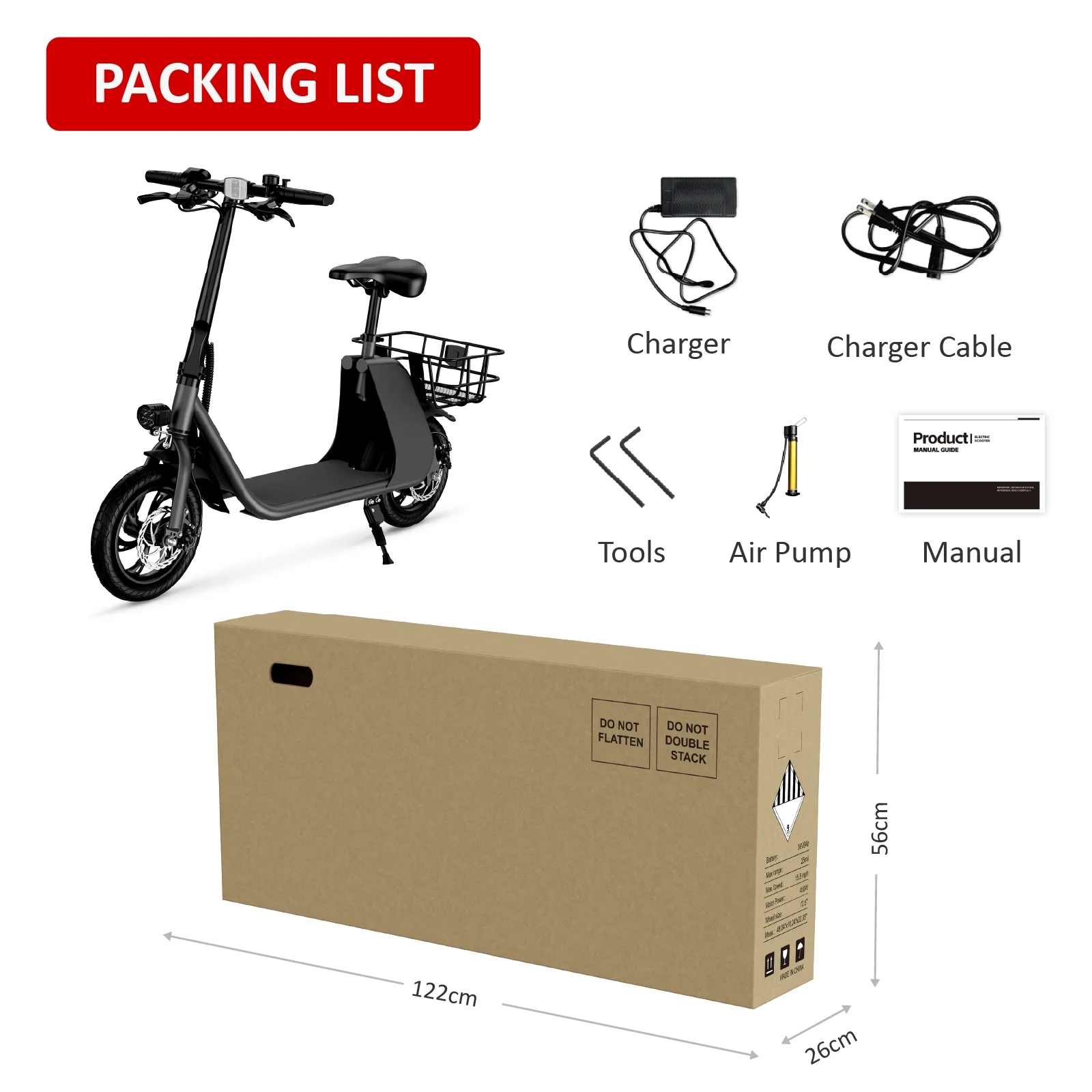 Windhorse C2 Urban Cruiser  450W Brushless Motor - Foldable Electric Scooter for Adults with Seat and Carry Basket - 36V Battery - Max Speed 15 mph with Max Load 265lbs - E-Mopeds for Adults (Black)