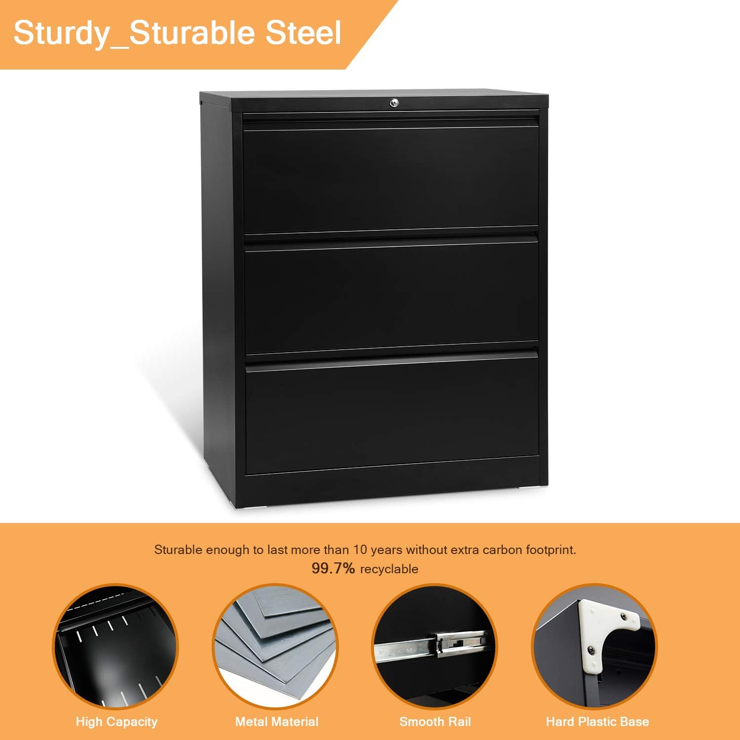 AOBABO 3 Drawer Lateral File Cabinet,Metal Filing Storage Cabinet with Lock,Steel File Cabinets for Office and Home,Black,Assembly Required