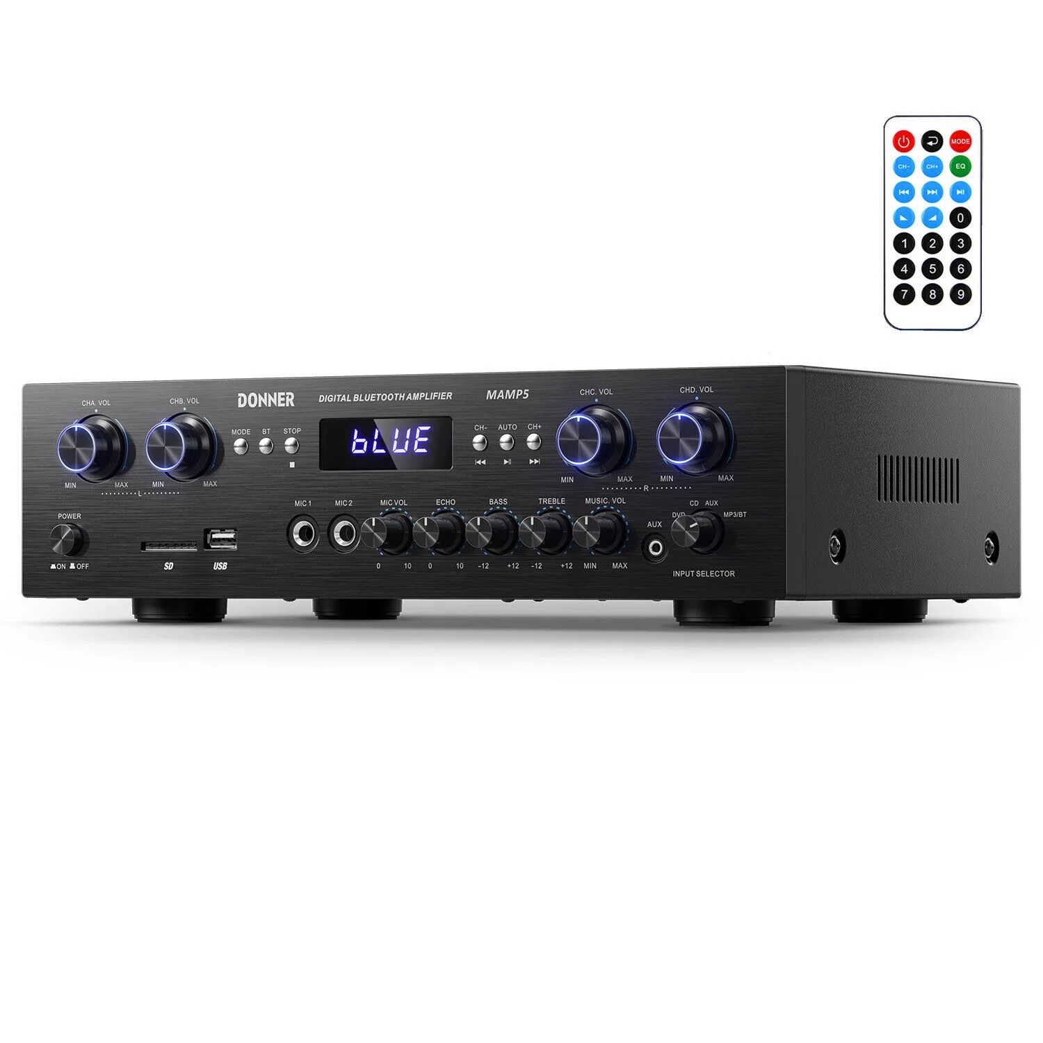 9 Left Donner Stereo Receiver 4 Channel 1000W Peak Power Home Theater Amp Amplifier USB SD, For Outdoor Speakers Karaoke