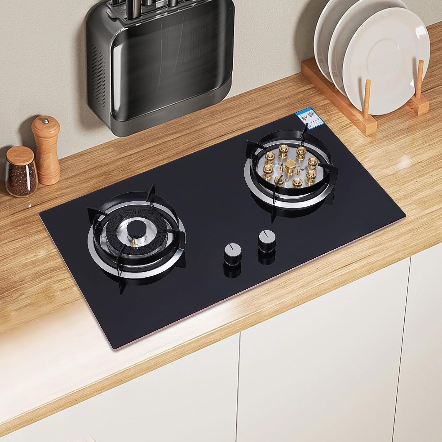 Kitchen Gas Cooktop Stove 2 Burners Propane Stove Tempered Glass Built-In LPG/NG Gas Stove 730 * 410mm Natural Gas Cooker Gas Cooktop with Flame-out Protection for Apartmen Kitchen 110V