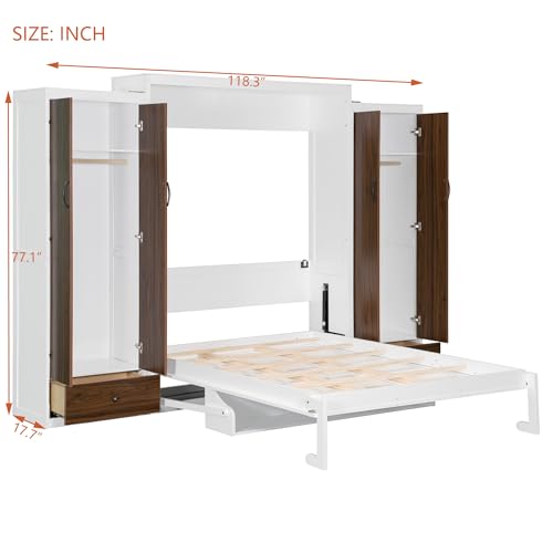 KLMM Wooden Murphy Bed Wall Bed with 2 Wardrobe and Storage Shelf,Foldable Platform Bedframe for Guest-Room Bedroom Study Office Use (White#E, Full)