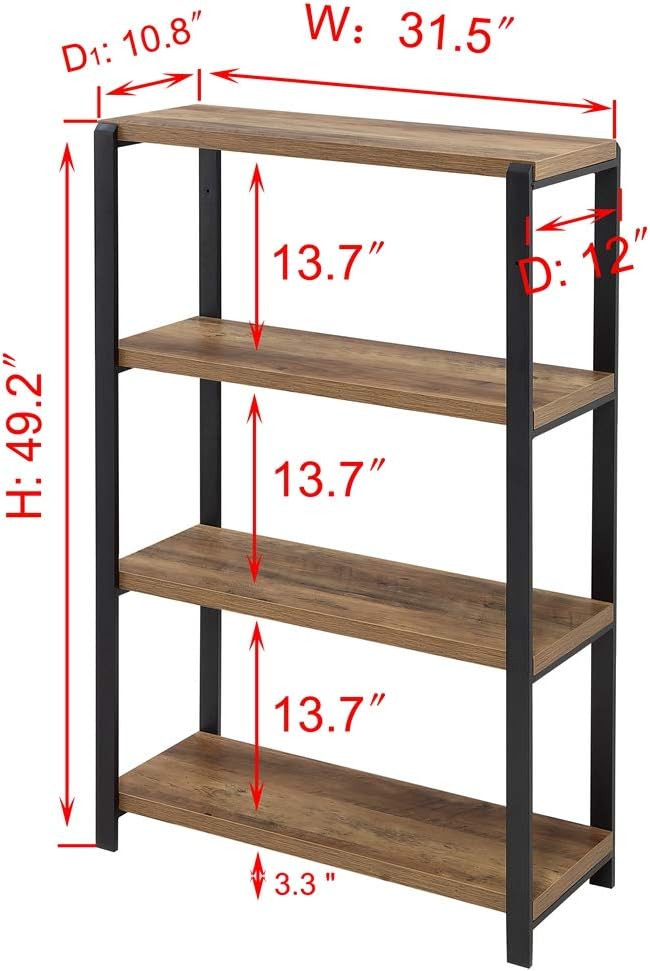 FOLUBAN 4 Tier Industrial Bookshelf, Rustic Vintage Etagere Bookcase for Living Room, Metal and Wood Book Shelf, Easy Assembly, Oak