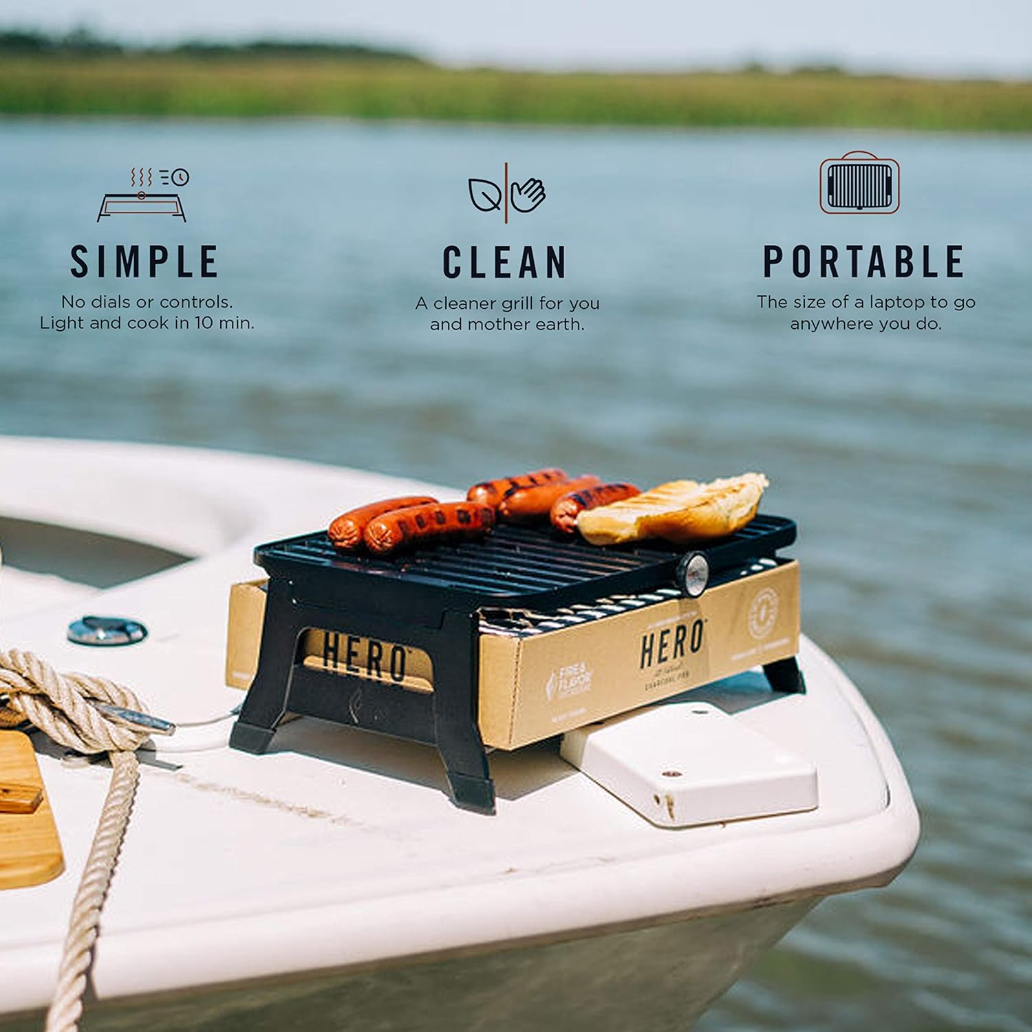 Fire & Flavor Hero System Ultra-Portable Easy Instant Light Charcoal Grilling for Tailgating, Beach RV, Park, Patio, Outdoors with Reusable Eco-Friendly Pod, Bamboo Cutting Board and Carry Case, Multi