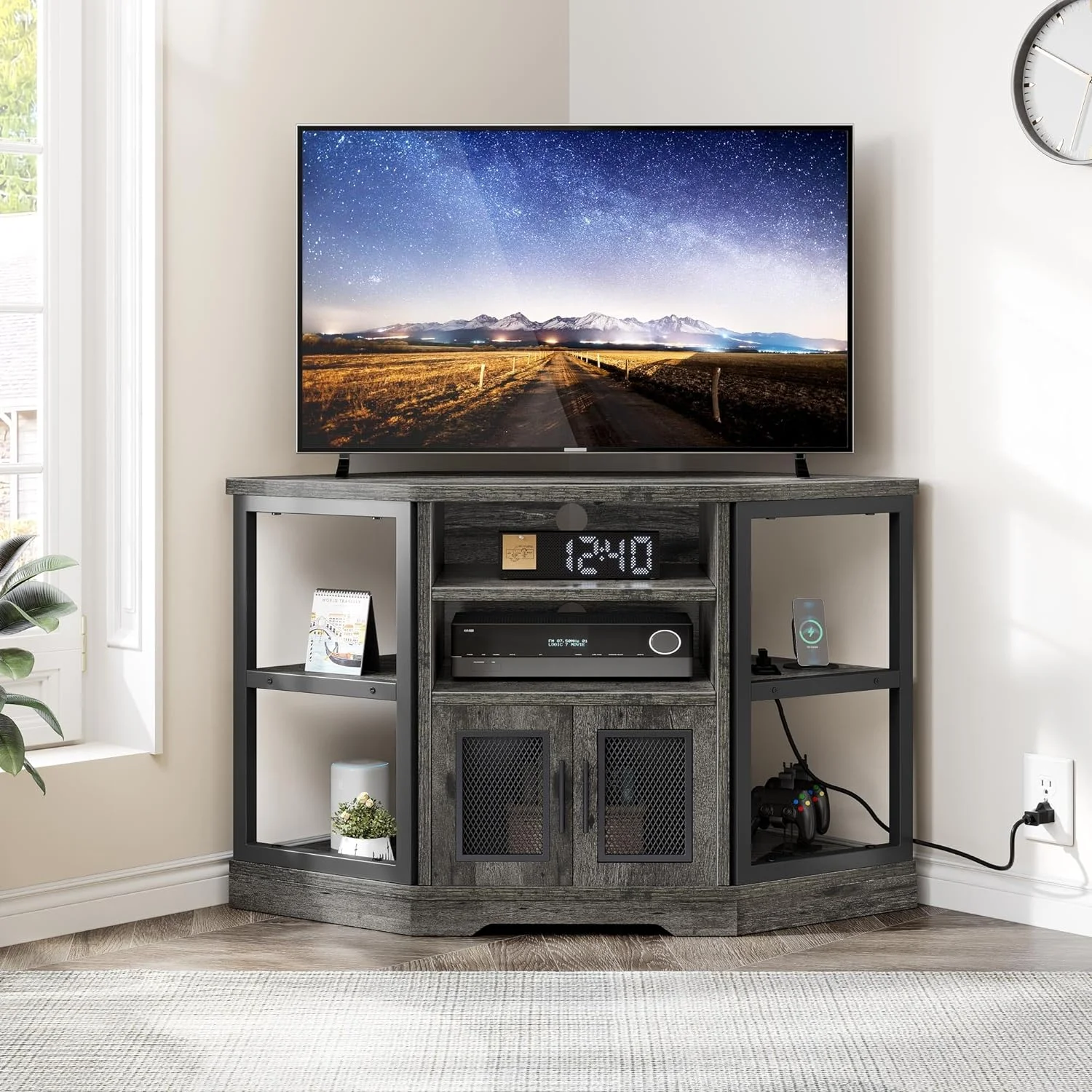 FJU Corner TV Stand for TVs up to 55 Inch with Power Outlet, Modern Farmhouse Entertainment Center, Wood TV Media Console with Storage Cabinets Shelves for Living Room Bedroom, Gray Oak