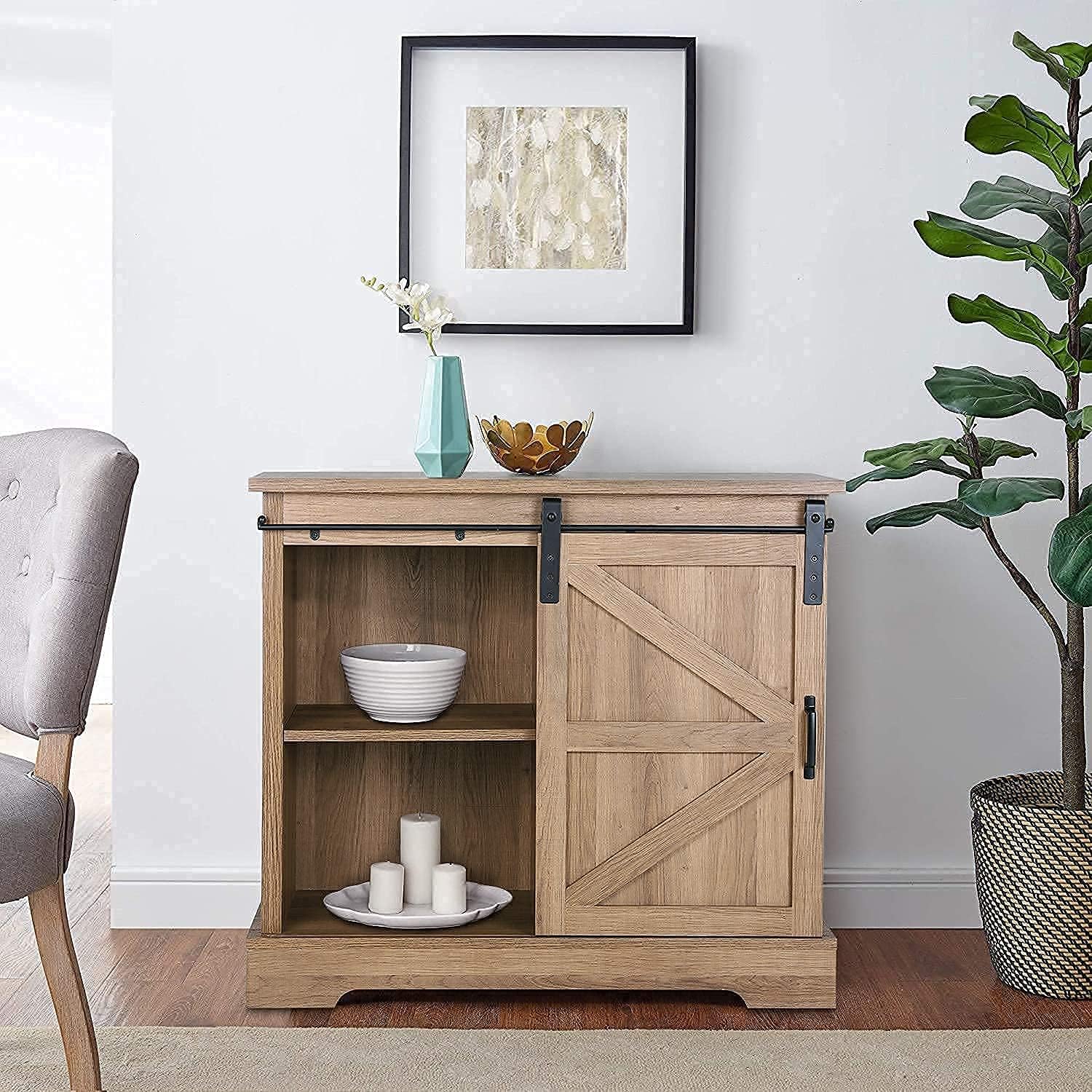 Farmhouse Coffee Bar Cabinet - Sliding Barn Door Kitchen Sideboard Buffet Storage Cabinet