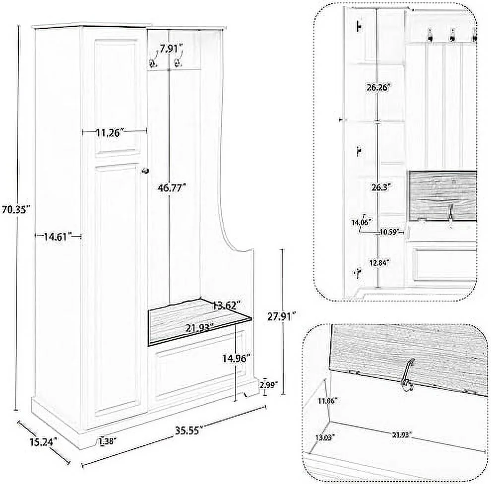 RUNFAYBIU Wooden Hall Tree with Flip-Up Bench  Coat Rack with Adjustable Shelves  Mudroom Coat  with Hanging Hooks for Entryways  White