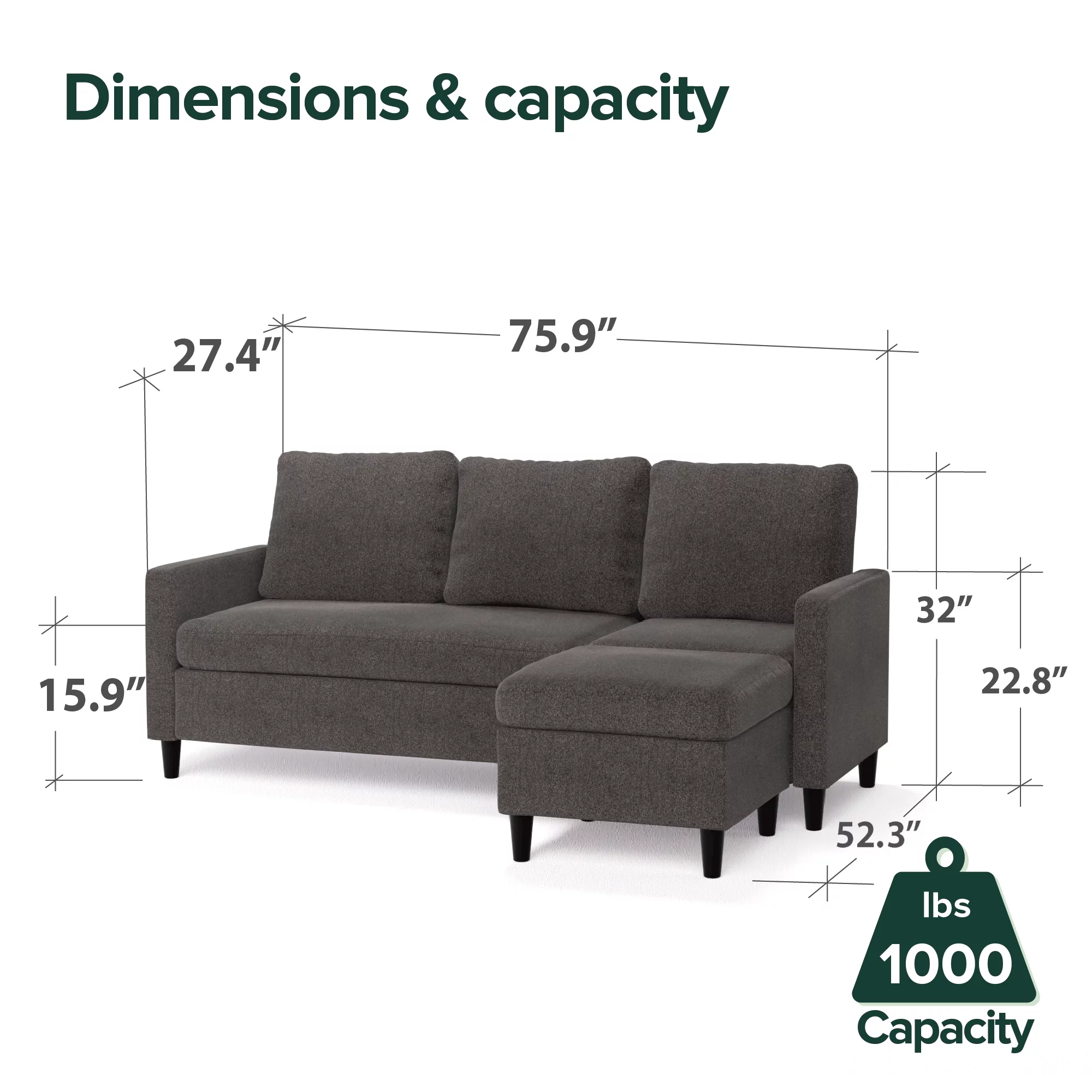 Zinus Hudson Modern Convertible Sectional Sofa with Reversible Chaise, Dark Grey