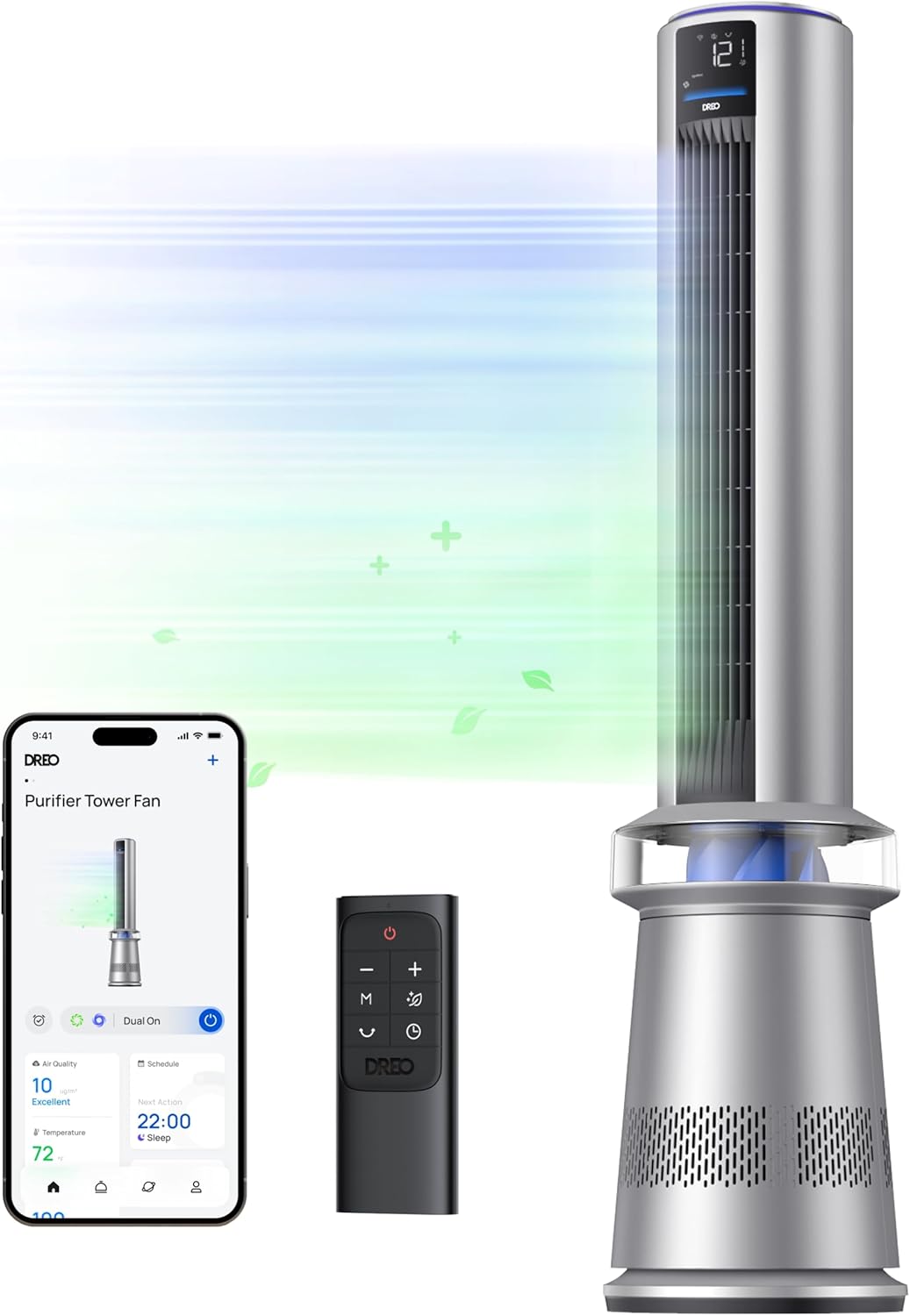 Dreo Air Purifier Tower Fan with 45" Oscillation, 27ft/s Airflow, App Control, and Replacement HEPA Filter for Bedroom