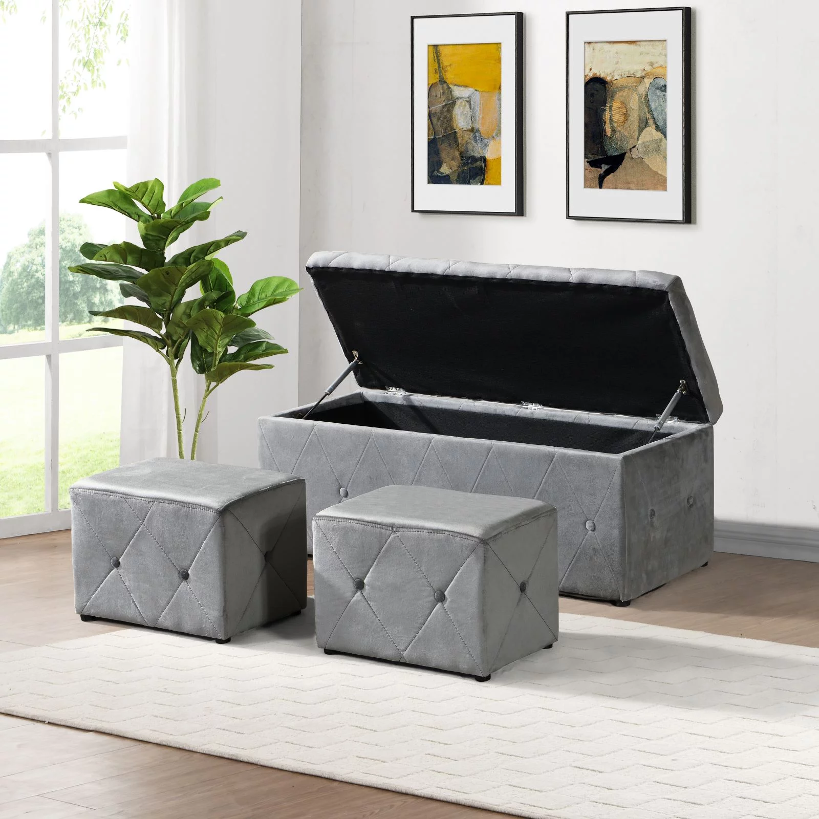 3 Set Rectangular Velvet Ottoman Storage - 40" Extra Large End of Bed Storage Box with Lids - 2 Set 15" Footstool, Fabric Linen Bench Window Couch Seat for Hold up to 660lb - Gray