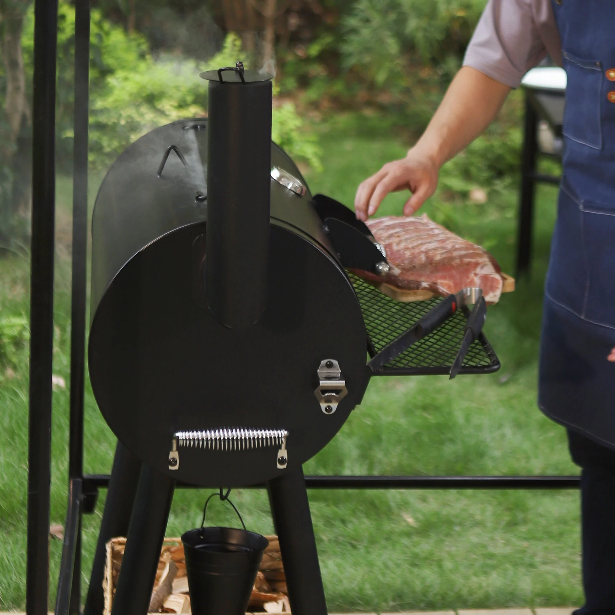 Alpha Joy Steel BBQ Charcoal Grill with Offset Smoker in Black