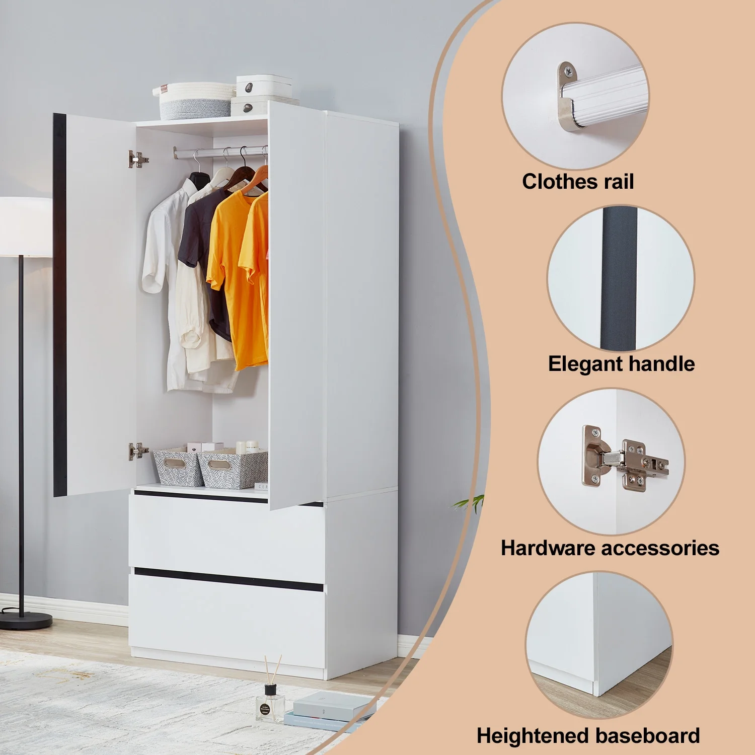 Sophshelter Wardrobe Armoire Storage Cabinet Wood: 2 Door 2 Drawers White Closet Cabinet for Large Capacity with Hanging Rod and Handles Armoire Storage Cabinet - Curated Treasures Market