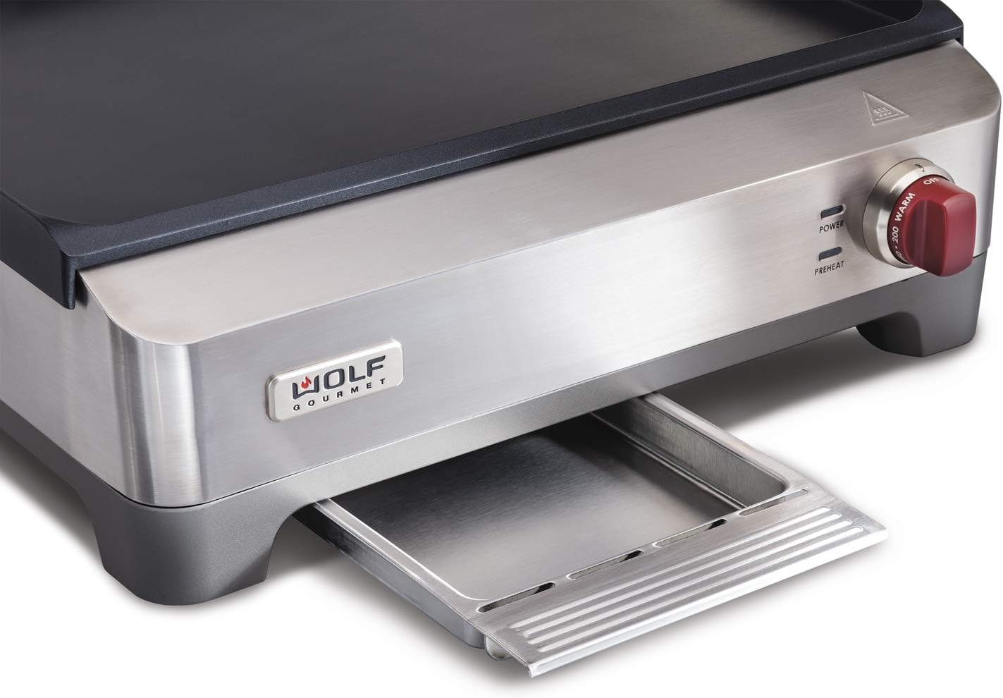 Wolf Gourmet Precision Electric Griddle, Indoor Grill, 200 sq. in, Nonstick Coating, Advanced Temperature Control, Stainless Steel, Red Knob (WGGR100S)