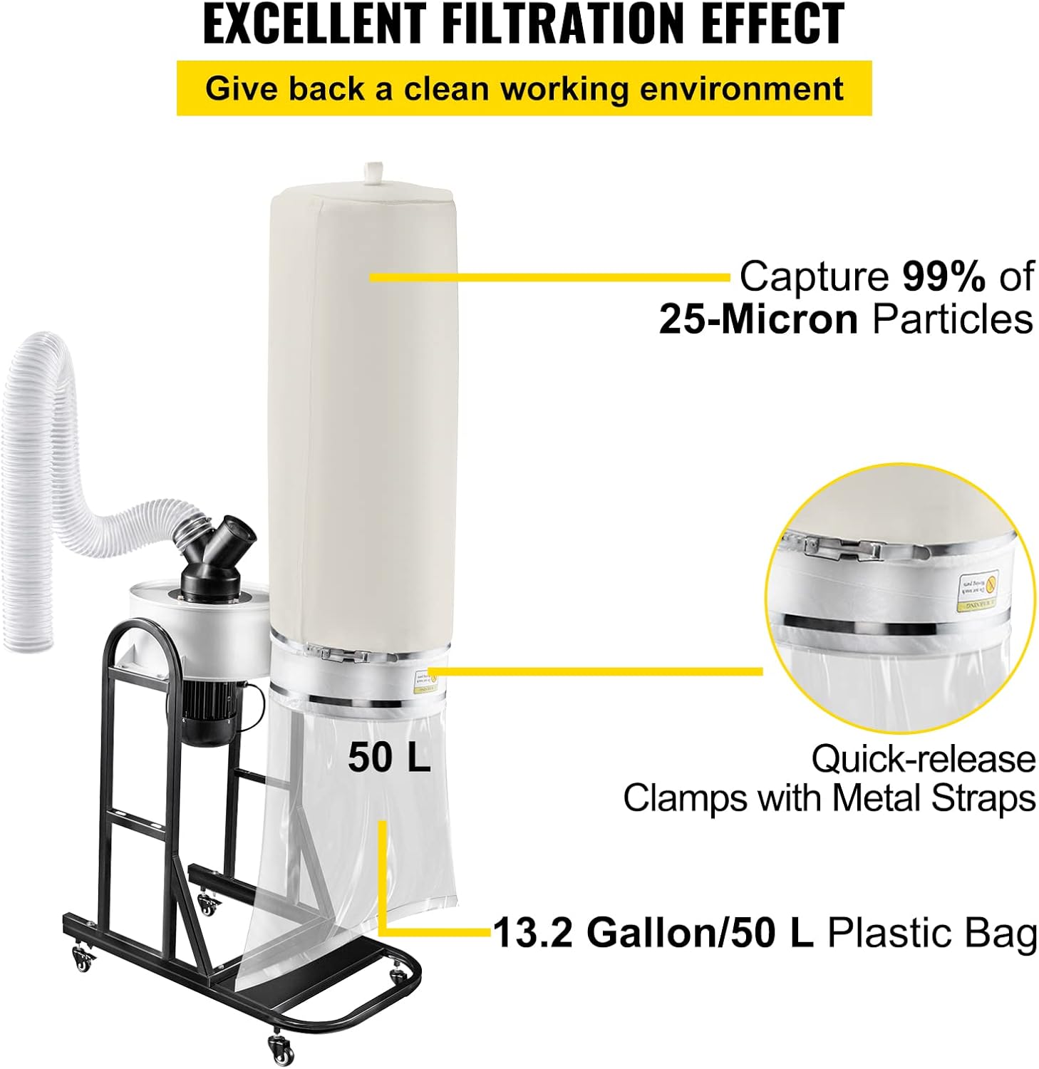 VEVOR 1.5 HP Dust Collector, 647 CFM Portable Vortex Dust Collector, Woodworking Dust Collector with 13.2-Gallon Collection Bag and Mobile Base, 220V Dust Collection System 25-Micron Canister Kit