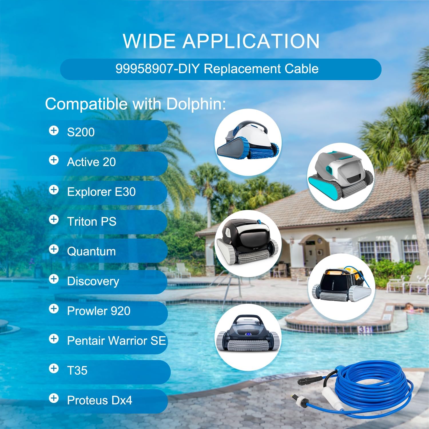 99958907-DIY Cable and Swivel- 2 Wire - for Dolphin Robotic Pool Cleaners Active 20, Advantage Ultra, Discovery, Explorer E30, Proteus DX4, Quantum, S200, T35, Triton PS - 18M(60ft)