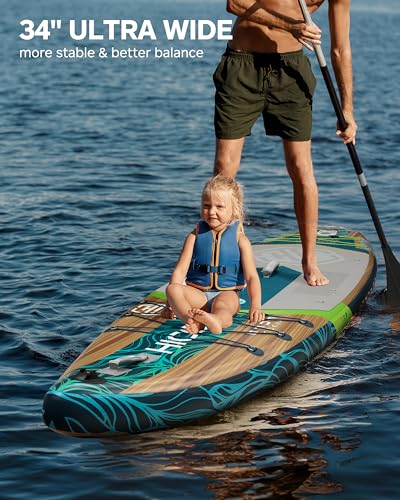 11'6''×34"×6" Extra Wide Inflatable Paddle Board, Stand Up Paddle Board, Sup Board with 3 Removable Fins, 10L Waterproof Bag, 16 D-Rings, Backpack, Hand Pump, Floating Paddle, Safety Leash
