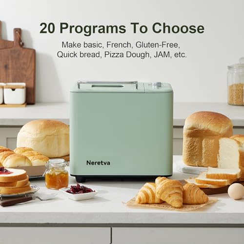 Neretva Bread Maker Machine, 20-in-1 2LB Automatic Breadmaker with Gluten Free Pizza Sourdough Setting, Digital, Programmable, 1 Hour Keep Warm, 2 Loaf Sizes, 3 Crust Colors - Receipe Booked Included