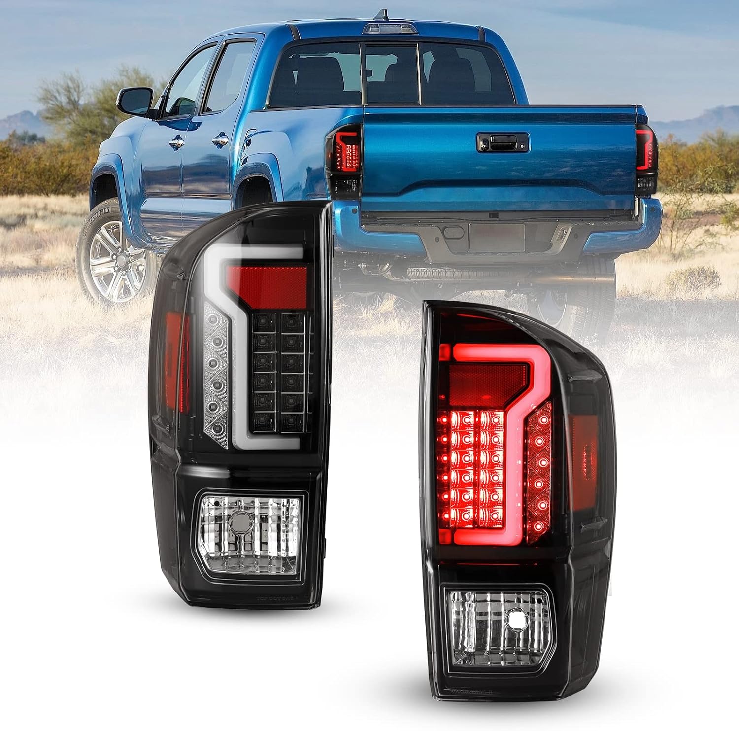 LED Tail Lights Fit for TOYOTA TACOMA 2016 2017 2018 2019 2020, Replacement Rear Brake Tail Lights Assembly with Led Turn Signal Lights, Brake / DRL, Driver & Passenger Side (Smoke Lens)
