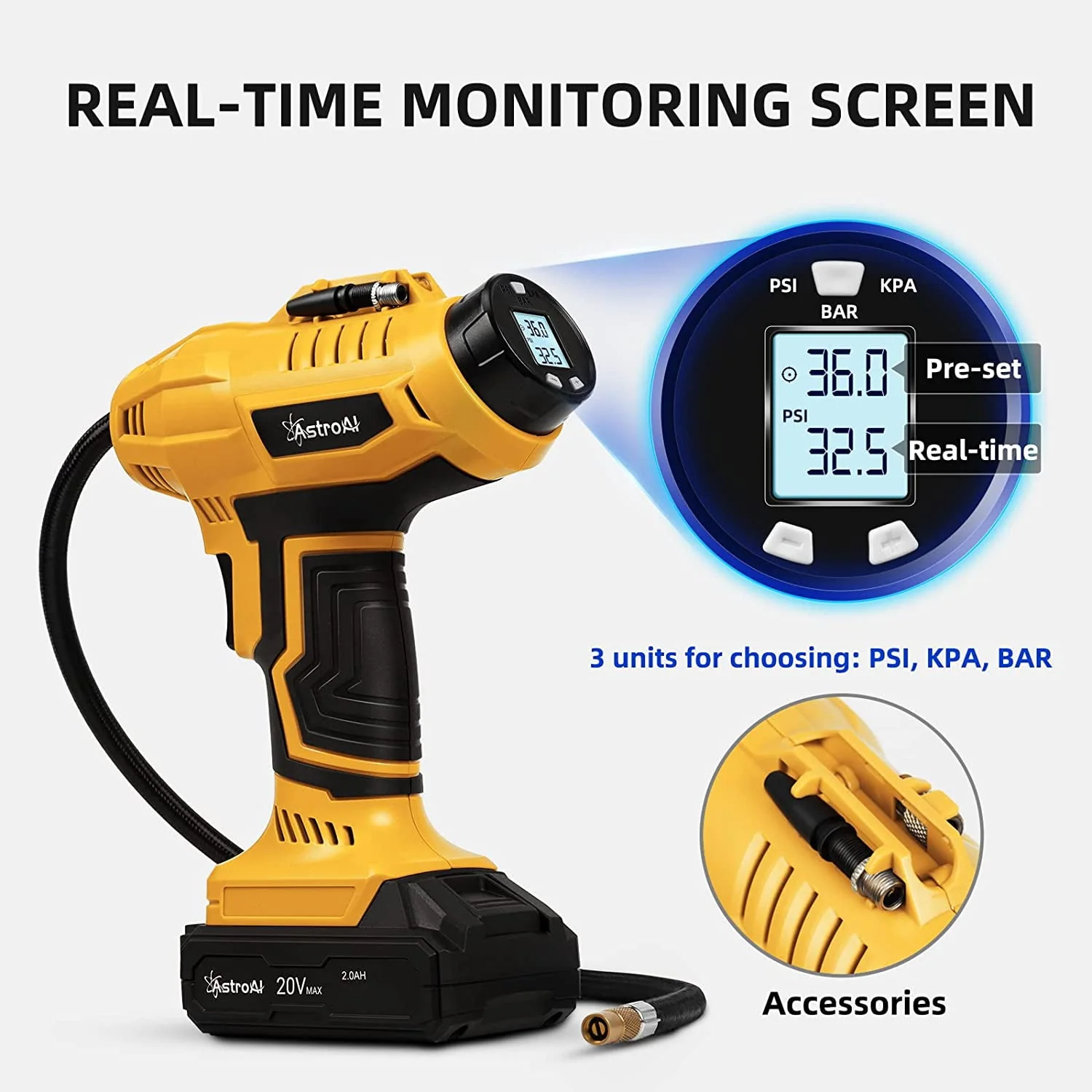Car Auto Tire Inflator, 160 PSI Cordless Car Air Pump, with 20V Rechargeable Battery, Yellow, for Gift