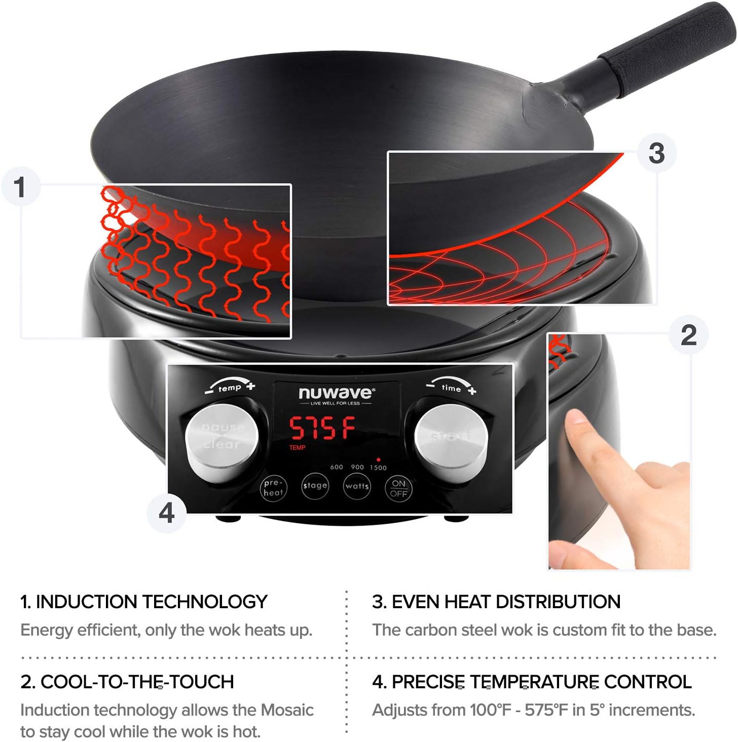 NUWAVE MOSAIC Induction Wok with 14-inch carbon steel wok with tempered glass lid; precision temperature control from 100F to 575F, Wattage control (600W, 900W & 1500W)
