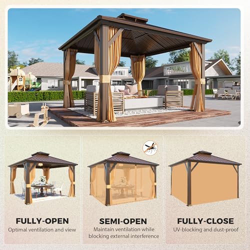 YOLENY 10' x 12' Hardtop Gazebo, Wood-Looking Gazebo with Galvanized Steel Double Roof, Aluminum Frame, Permanent Metal Pavilion with Netting and Curtains for Deck, Backyard, Patio and Lawns