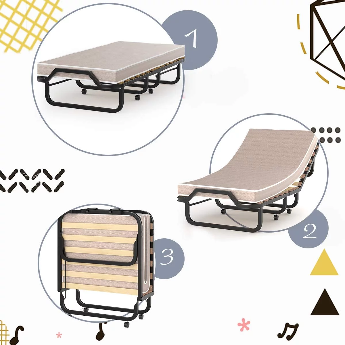 Rollaway Folding Bed with 4 Inch Mattress for Adults  Foldable Portable Guest Bed with Memory Foam Mattress &amp; Sturdy Metal Frame  Cot Size Fold up Bed on Wheels  Easy to Store  Made i - Curated Treasures Market