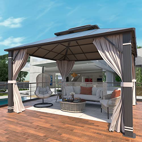 YOLENY 10' x 12' Hardtop Gazebo, Wood-Looking Gazebo with Galvanized Steel Double Roof, Aluminum Frame, Permanent Metal Pavilion with Netting and Curtains for Deck, Backyard, Patio and Lawns