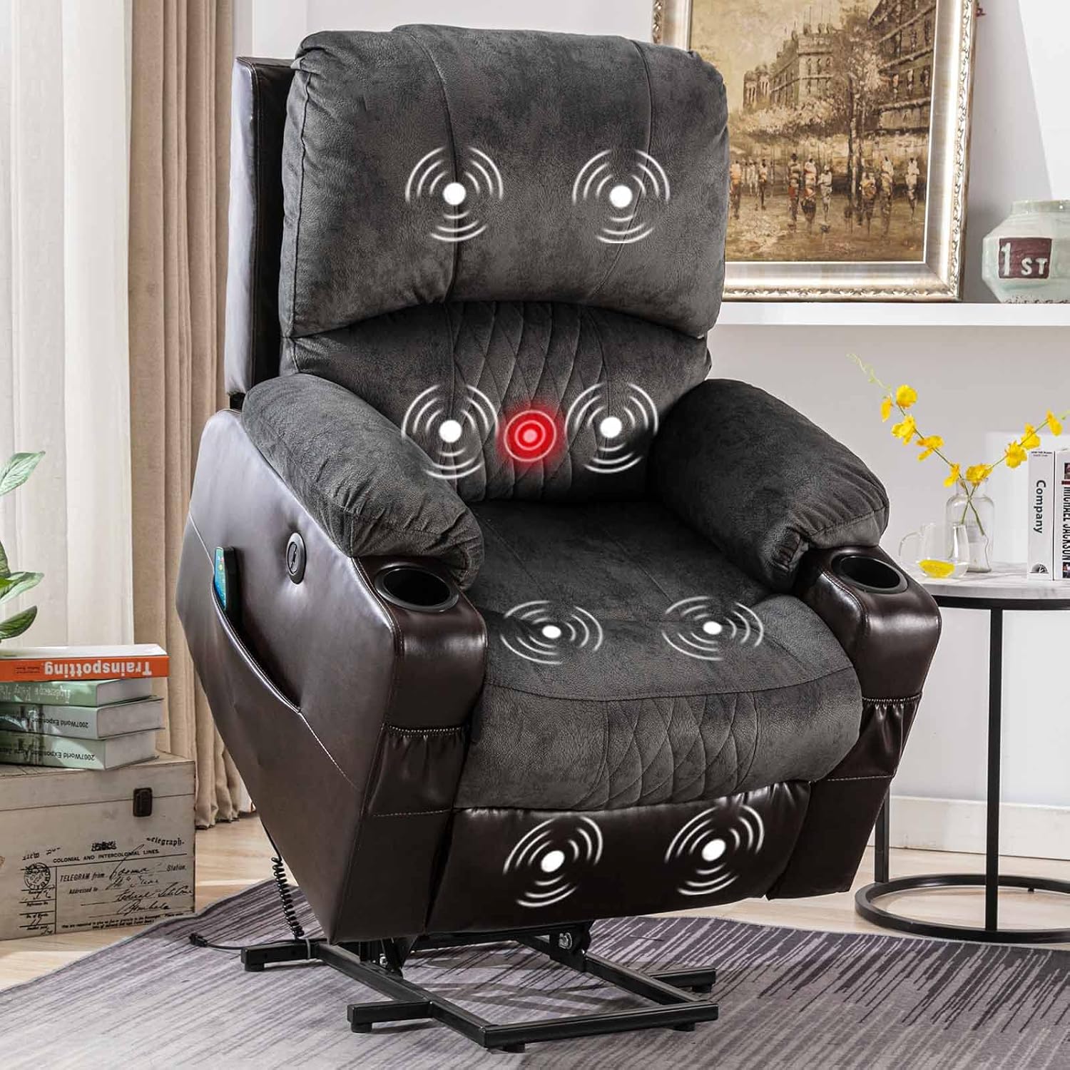 CANMOV Power Lift Recliner Chair with Heated and Vibration Massage for Elderly, Heavy Duty and Safety Motion Reclining Mechanism Electric Recliner Sofa with USB Port, 2 Cup Holders, Grey