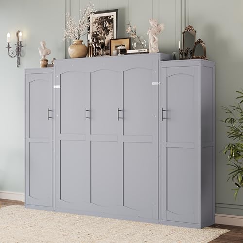 KLMM Wooden Murphy Bed Wall Bed with 2 Wardrobe and Storage Shelf,Foldable Platform Bedframe for Guest-Room Bedroom Study Office Use (White#E, Full)