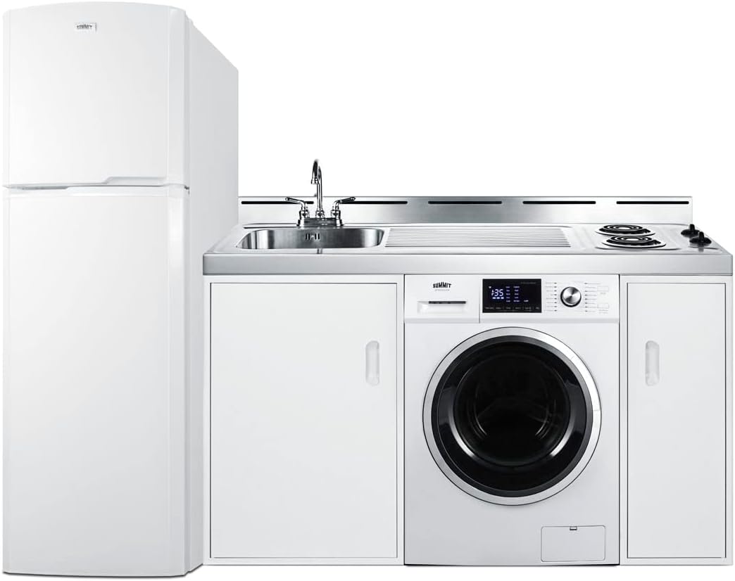 Summit Appliance ACKSPWD82 83" Wide All-In-One Kitchenette with Washer/Dryer Combo; a Full-sized Refrigerator-freezer, 2-Burner Cooktop, Non-vented 115V Washer/dryer Combo, and Sink