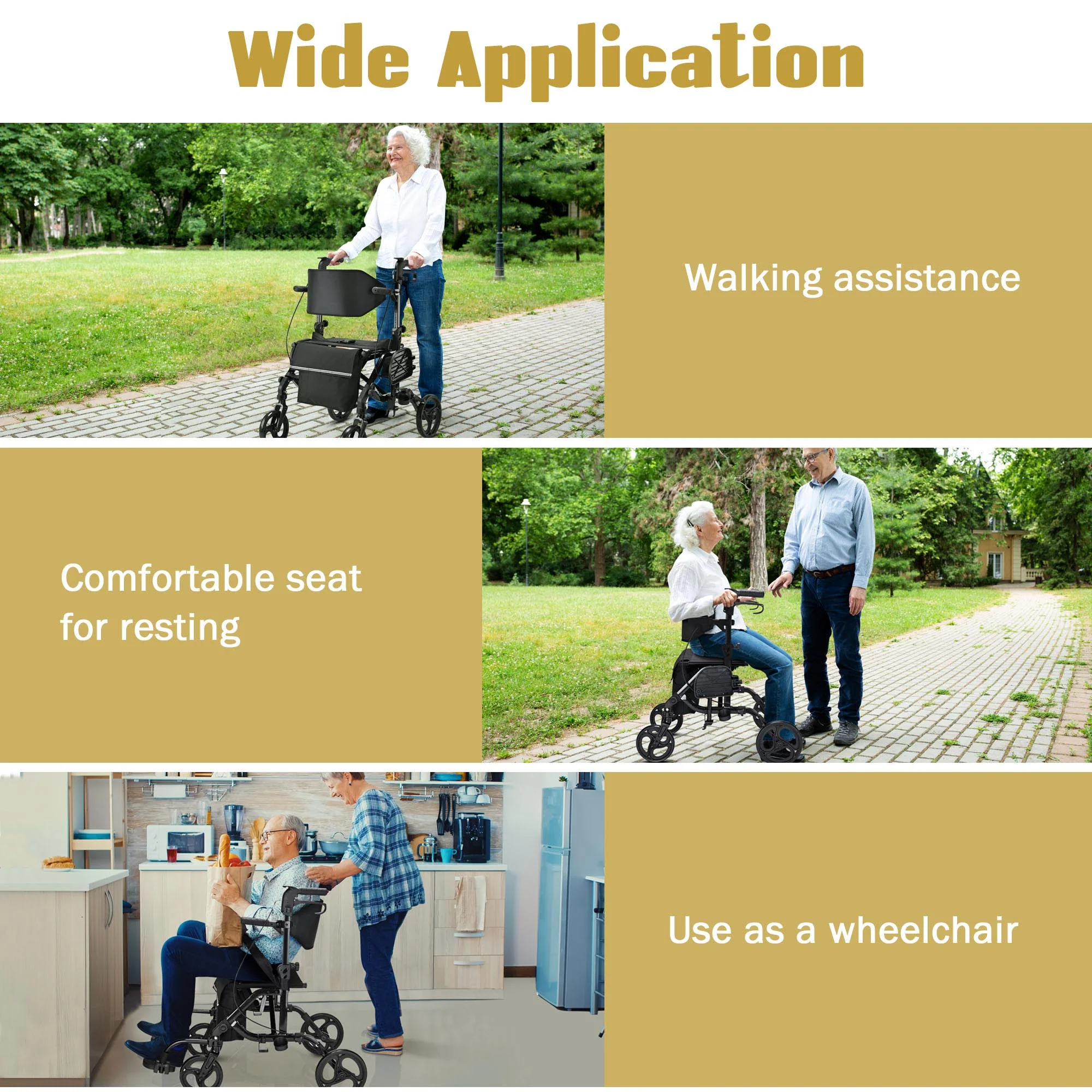 Yescom 2 in 1 Rollator Walker Transport Wheelchair with Backrest Footrests Foldable for Senior Black