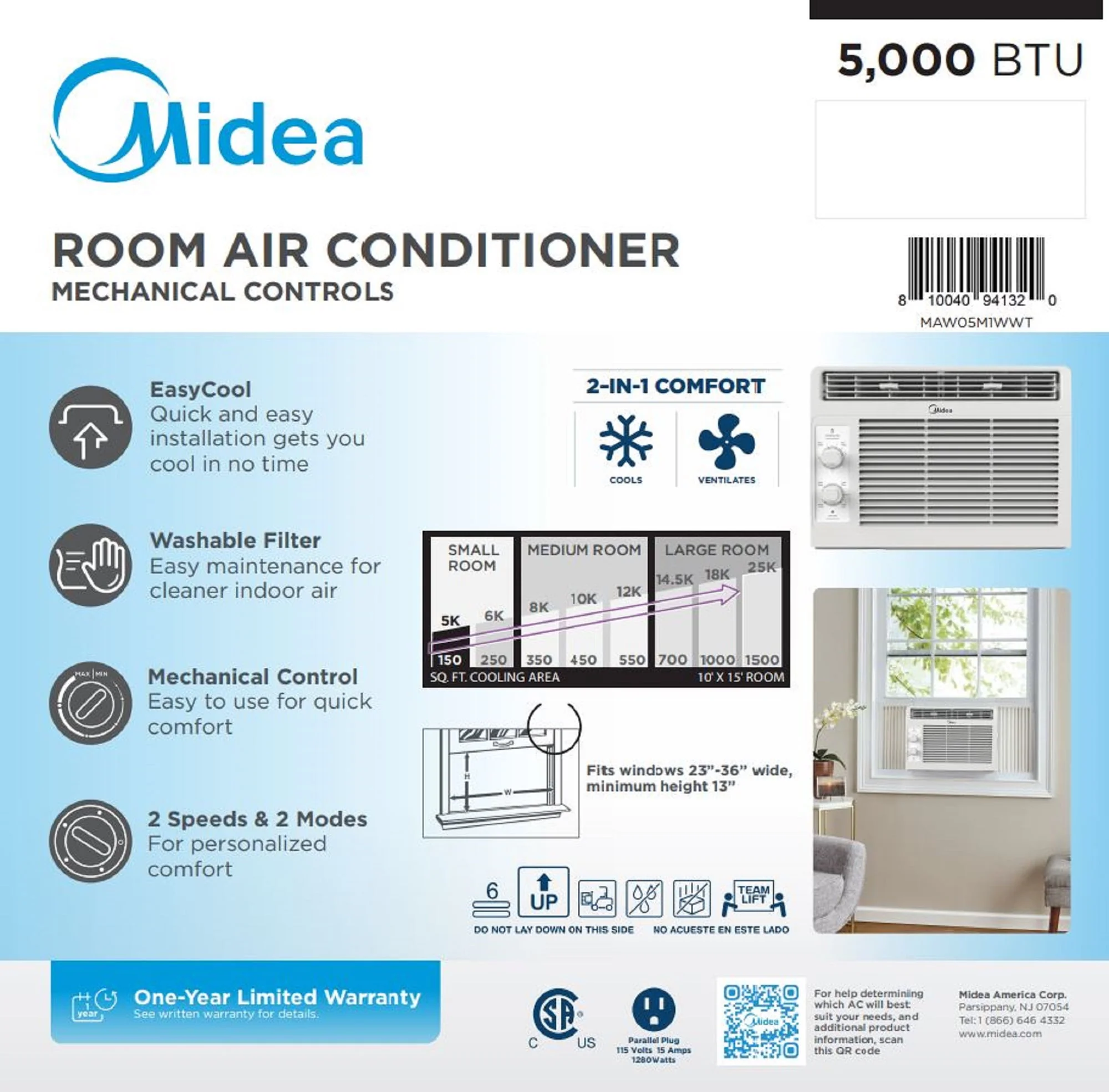 Midea 5,000 BTU 150 Sq ft Mechanical Window Air Conditioner, White, MAW05M1WWT