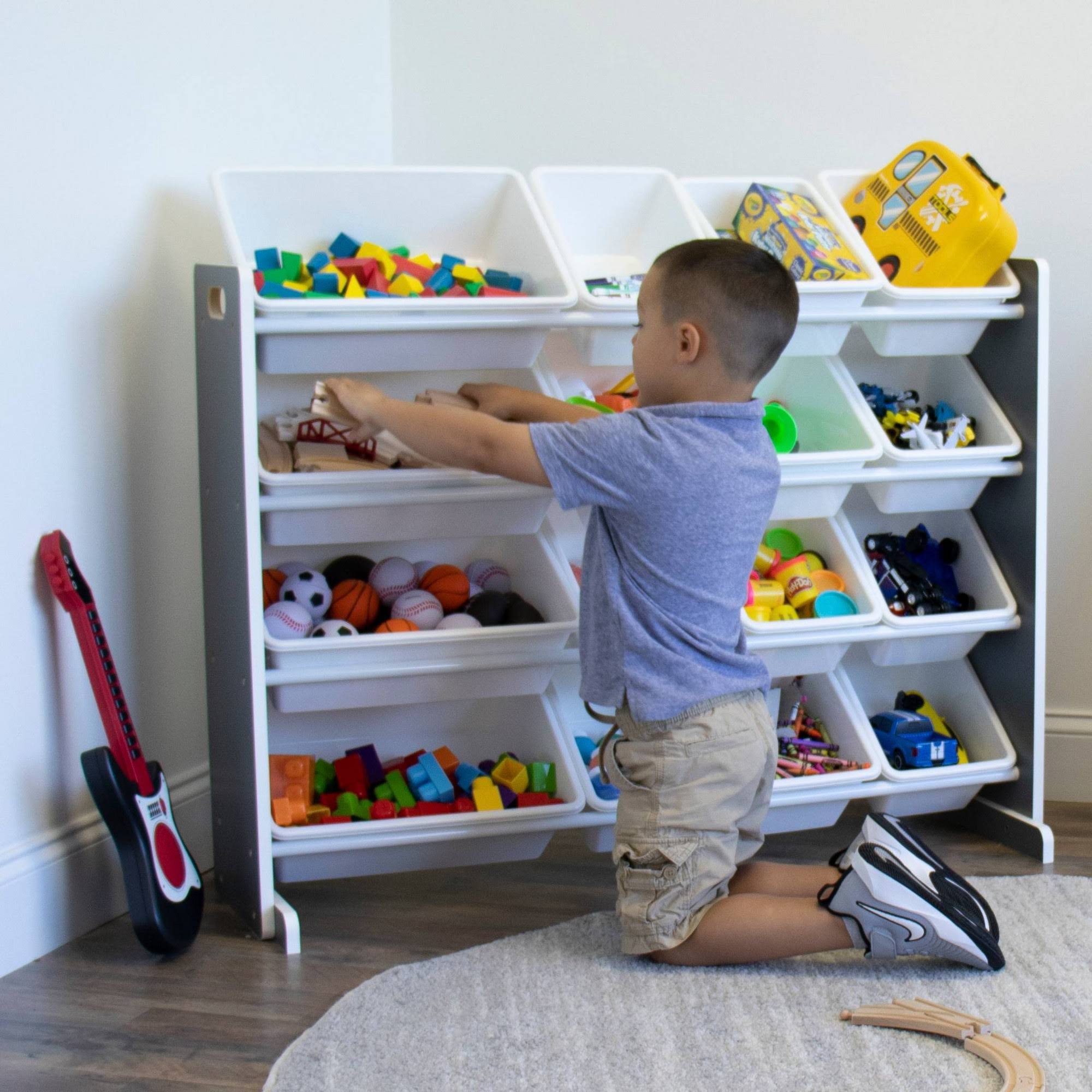 Humble Crew Kids Toy Organizer with 16 Storage Bins, Grey/White