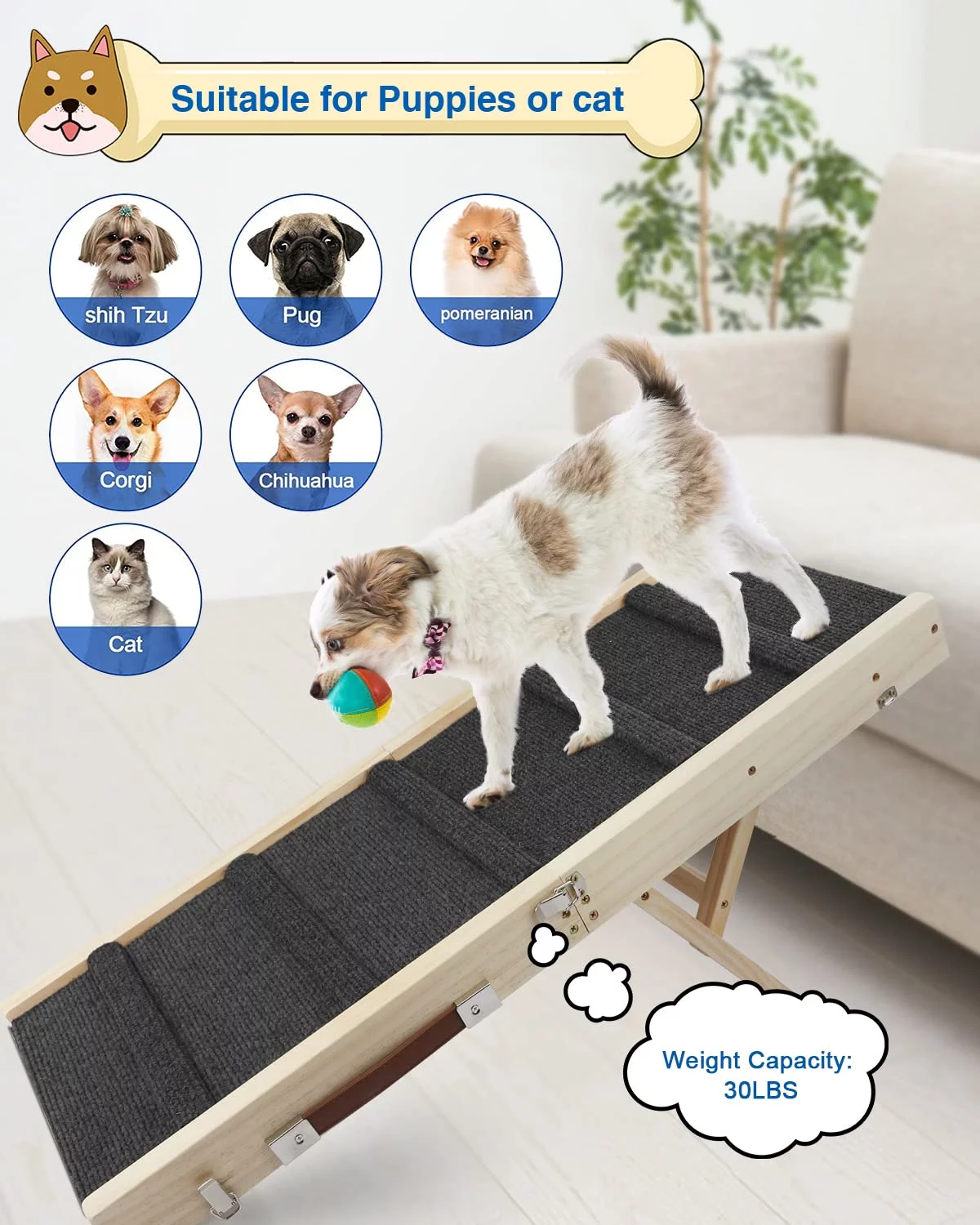 TNELTUEB Adjustable Dog Ramp, Wooden Folding Portable Pet Ramp,Rated for 30 LBS, 32.6" Long and Adjustable from 10" to 19" with Non-Slip Traction Mat, Cat Ramps for Car, Bed, Couch (Grey) - Curated Treasures Market